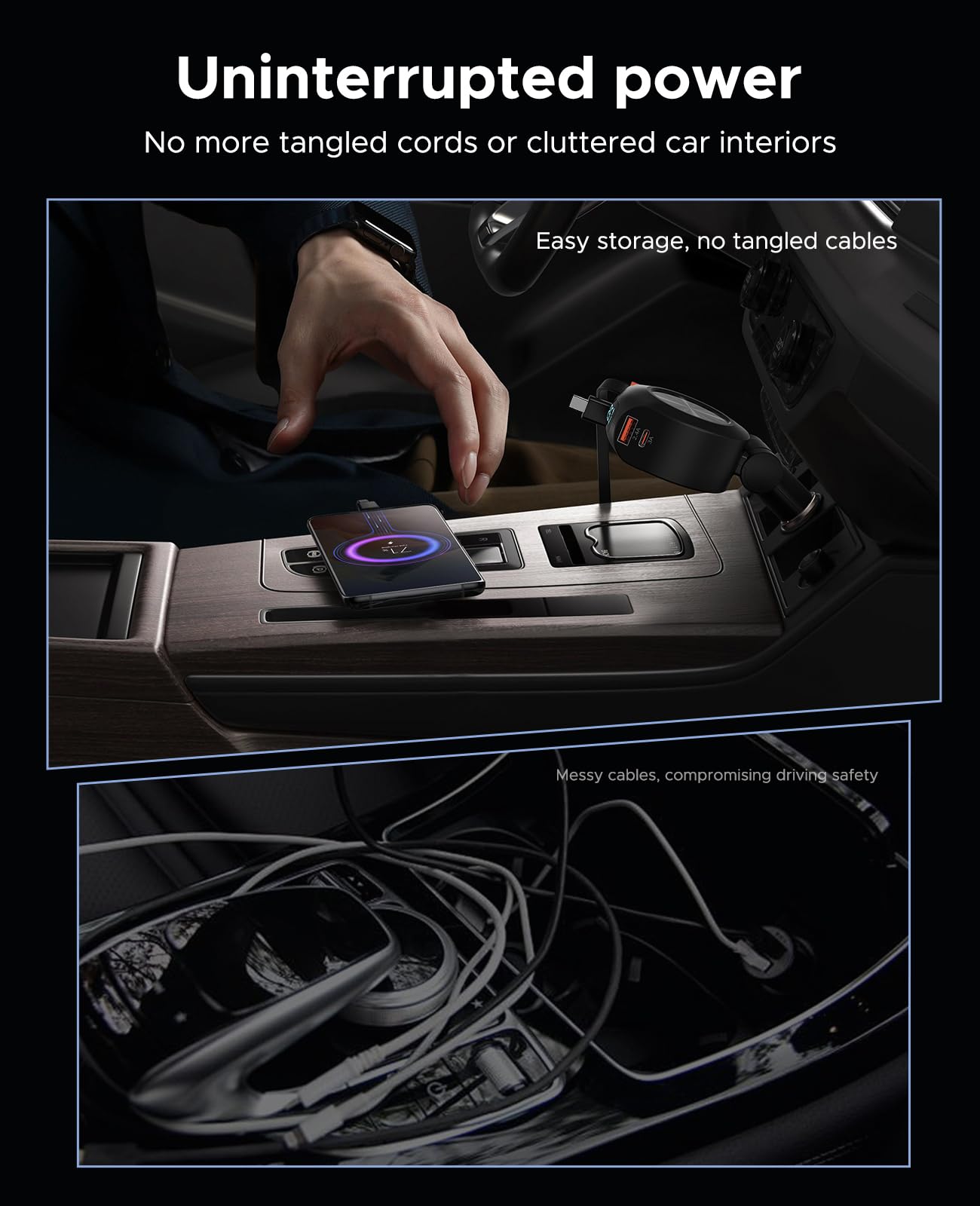 KOOPAO 69W 4-in-1 Retractable Car Charger with Dual USB-C Cables - Fast Charging Adapter for iPhone 16/15/14/13/12/11/Pro Max, Samsung Galaxy - Perfect for Road Trips & Daily Commutes
