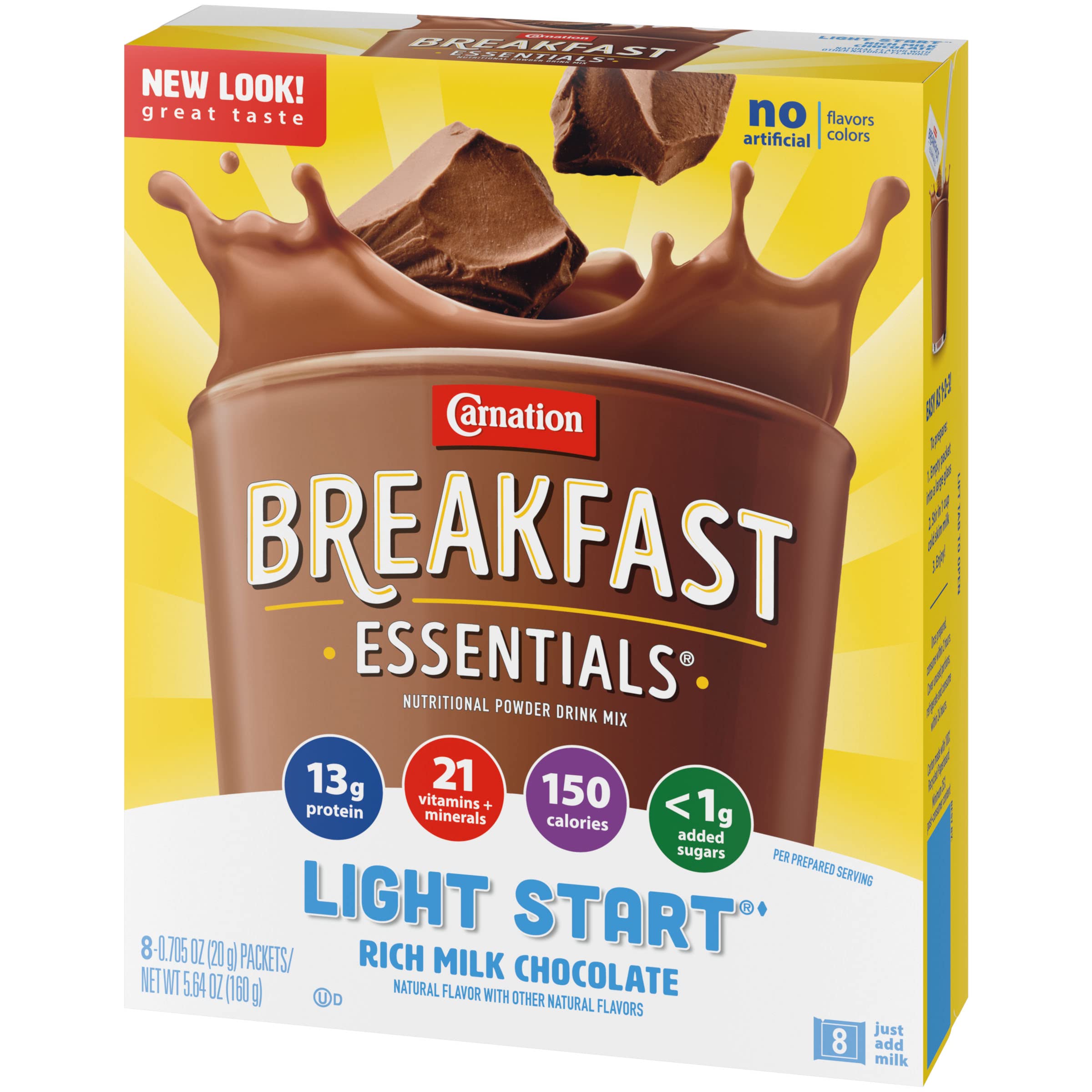 Carnation Breakfast Essentials Light Start Powder Drink Mix - Rich Milk Chocolate Flavor, 7.05 oz (8 Count, Pack of 2) | Quick & Nutritious Breakfast Solution for Busy Mornings, Post-Workout Recovery & On-the-Go Nutrition