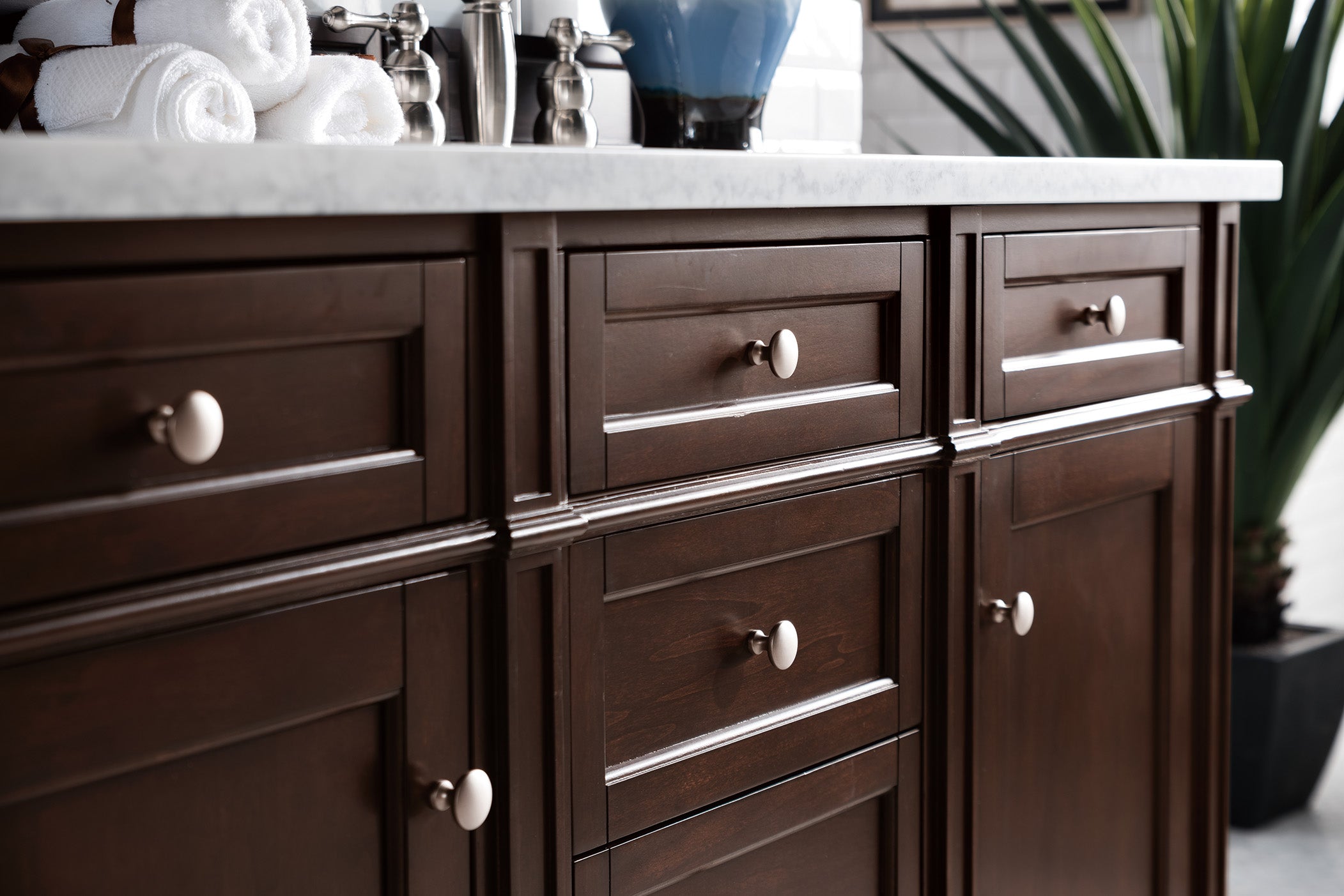 Brittany 60-Inch Burnished Mahogany Double Bathroom Vanity with 3CM Arctic Fall Solid Surface Countertop - Perfect for Master Bathroom Renovation and Modern Home Decor