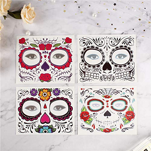 8 Pack Day of the Dead Temporary Tattoos - Sugar Skull Face Tattoos with Floral, Glitter Roses & Skeleton Designs for Halloween, Masquerade Parties & Dia de los Muertos Celebrations - Perfect for Costumes, Face Painting & Festival Decorations
