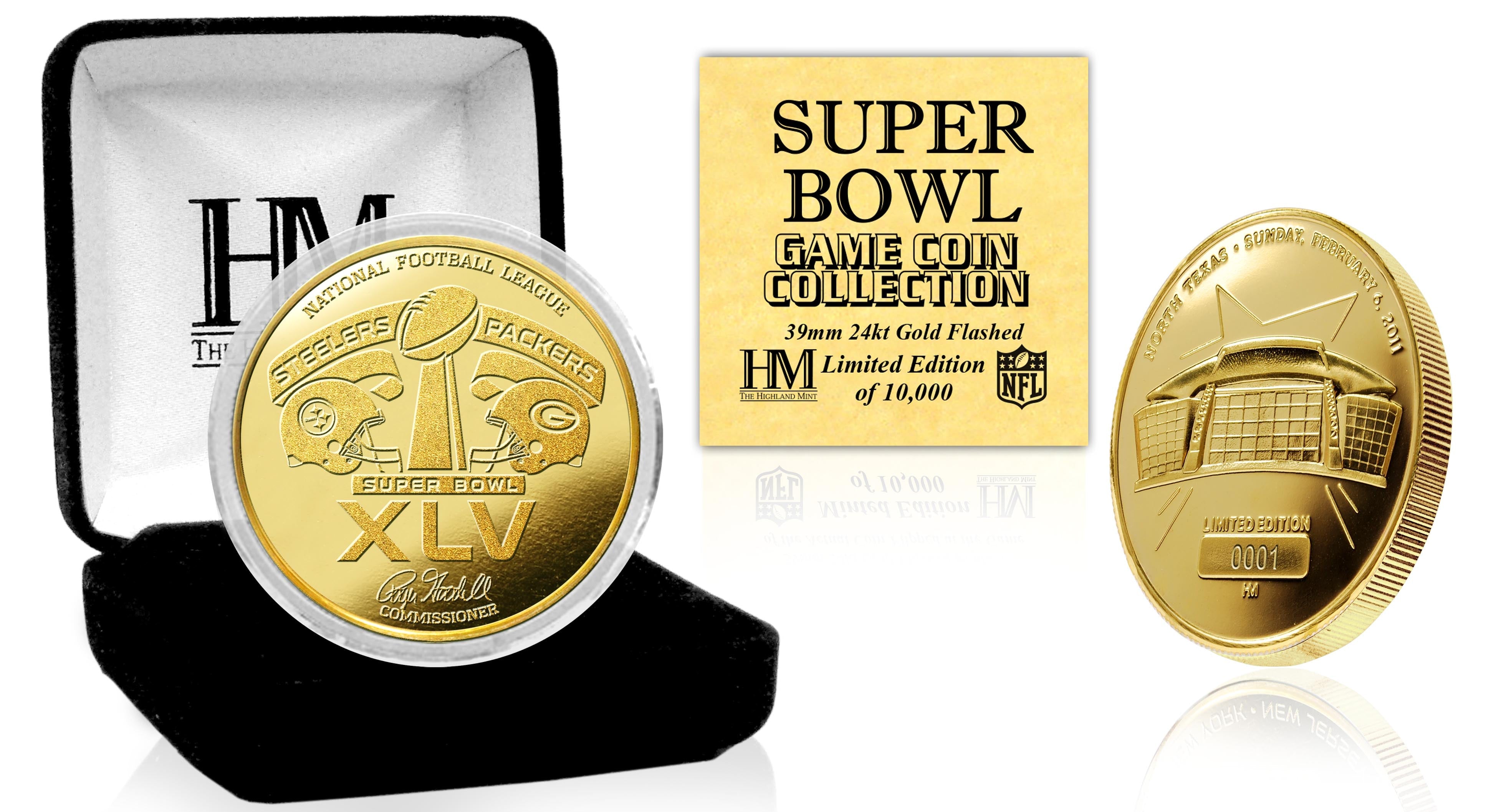 Super Bowl XLV 24KT Gold Commemorative Flip Coin - Limited Edition Collectible for Football Fans, Sports Memorabilia Enthusiasts - Perfect for Game Day, Sports Betting, and Display in Man Cave or Sports Bar