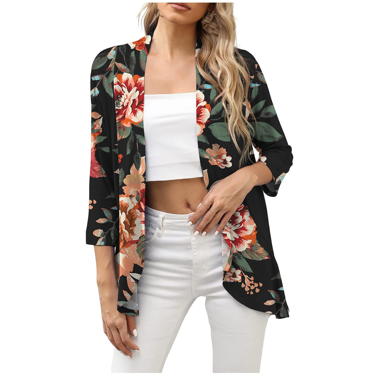 HRAPDA Women's 3/4 Sleeve Floral Print Open Front Cardigan Tops - Casual Summer Tunic Blouse for Everyday Wear, Office & Outings