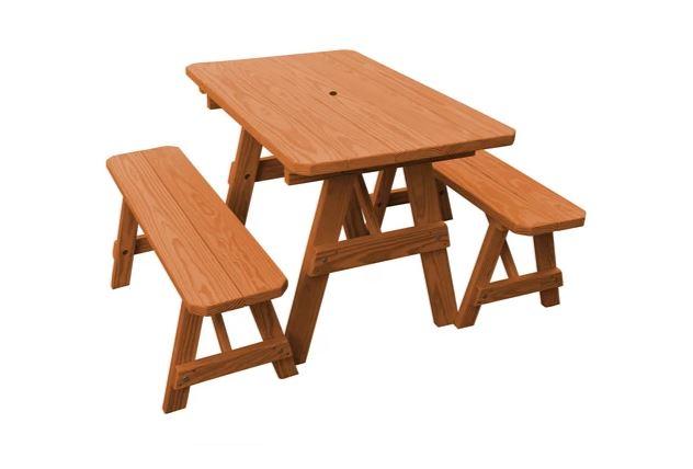 A & L Furniture Traditional Dining Table with 2 Benches - Free Umbrella Hole Included | Perfect for Patio, Garden & Outdoor Dining