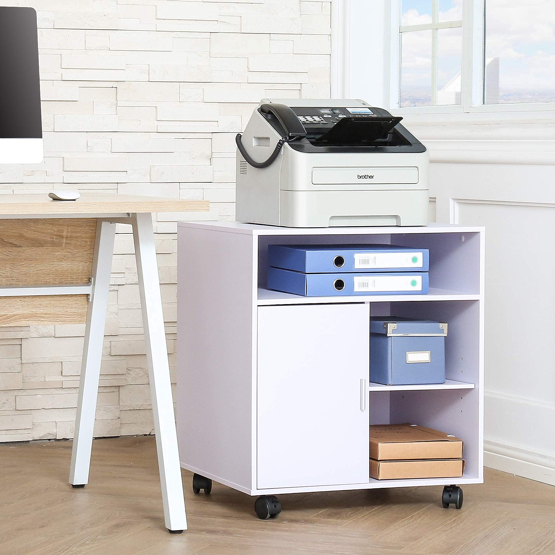 FITUEYES White Wooden Printer Cabinet with Door - Adjustable Shelves Mobile Printer Stand on Wheels for Home Office - Storage for File Folders, Ink Cartridges & Office Supplies (PS406005WW) | Perfect for Small Spaces & Organized Workspaces