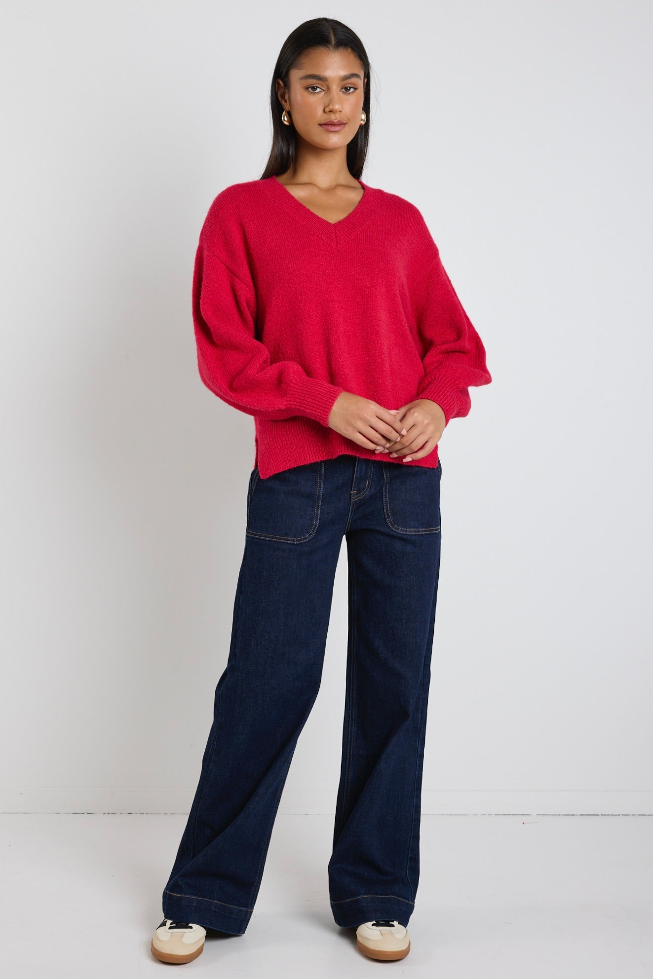 Harvest Red V-Neck Knit Sweater for Women - Soft & Cozy Pullover - Perfect for Fall & Winter Outfits, Casual Wear & Layering
