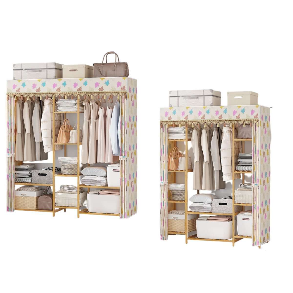 150cm Wide Bamboo Clothes Rack - Garment Closet Organizer with Hanging Rail & Dustproof Fabric Cover for Bedroom, Closet, Laundry Room Storage