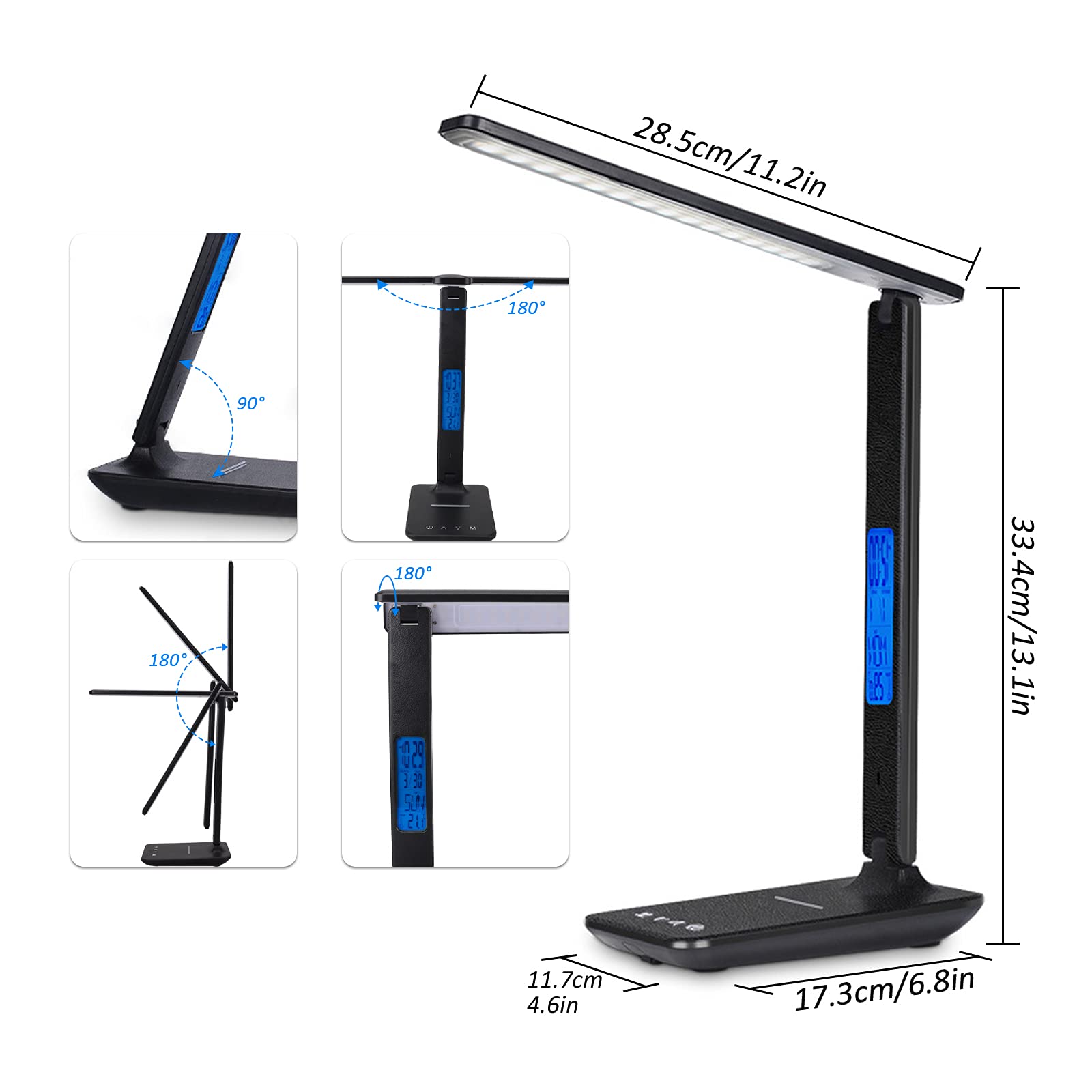 10W Wireless Charging LED Desk Lamp with USB Port & Touch Control - 3 Color Modes, 5 Brightness Levels, Built-in Clock & Temperature Display - Perfect for Home Office, Study, School & Night Reading (Black)