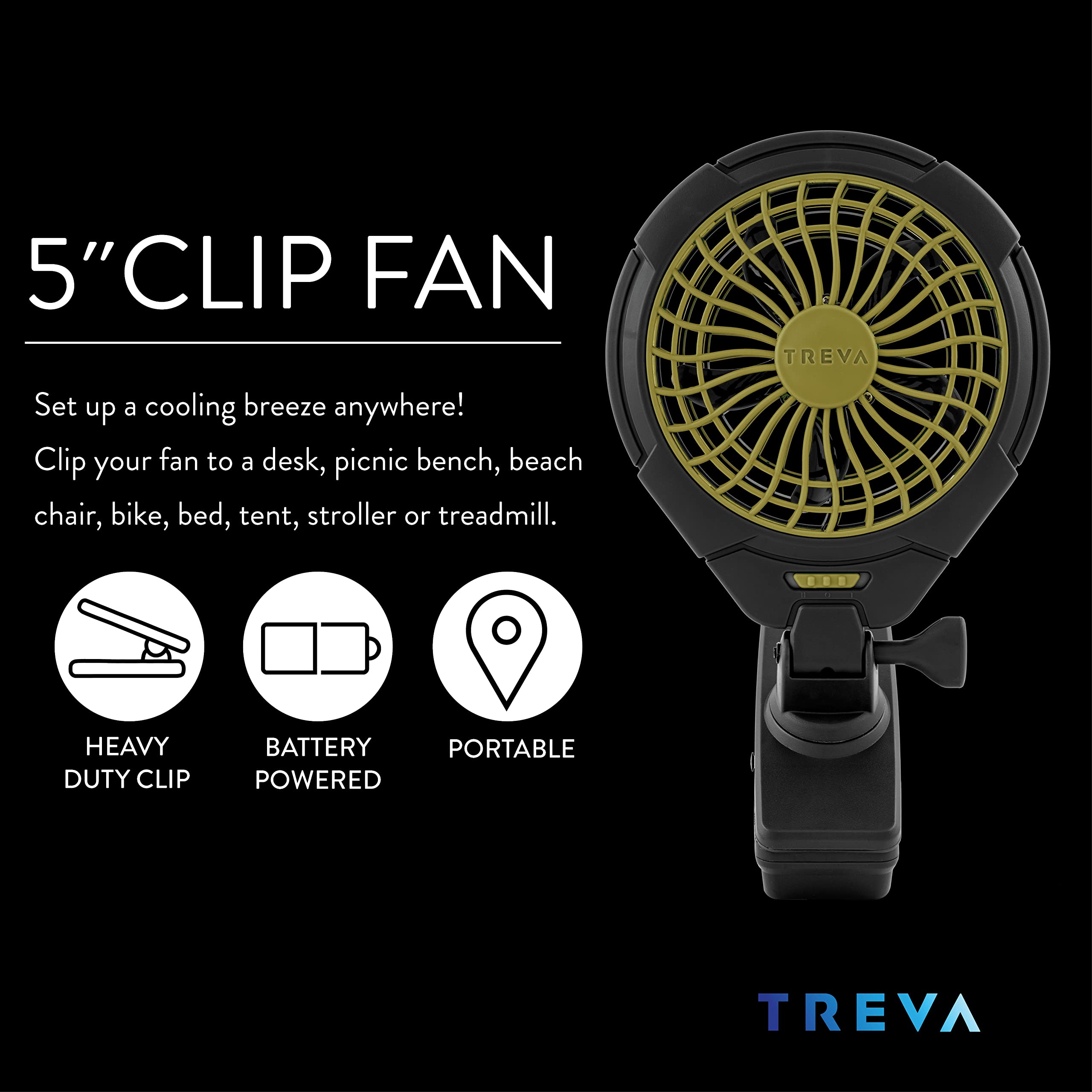 Treva 5 Inch Portable Battery Operated Clip Fan - USB Rechargeable Personal Desk Fan for Travel, Outdoor, Camping, Office & Home Use - Compact Cooling Fan with Strong Clamp for Tents, Strollers & Workstations