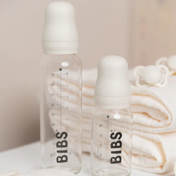 BIBS Baby Glass Bottle Complete Set - 110ml (4oz) BPA-Free Infant Feeding Bottle with Natural Rubber Nipple | Ivory - Perfect for Newborns, Breastfeeding & Formula Feeding at Home or On-the-Go