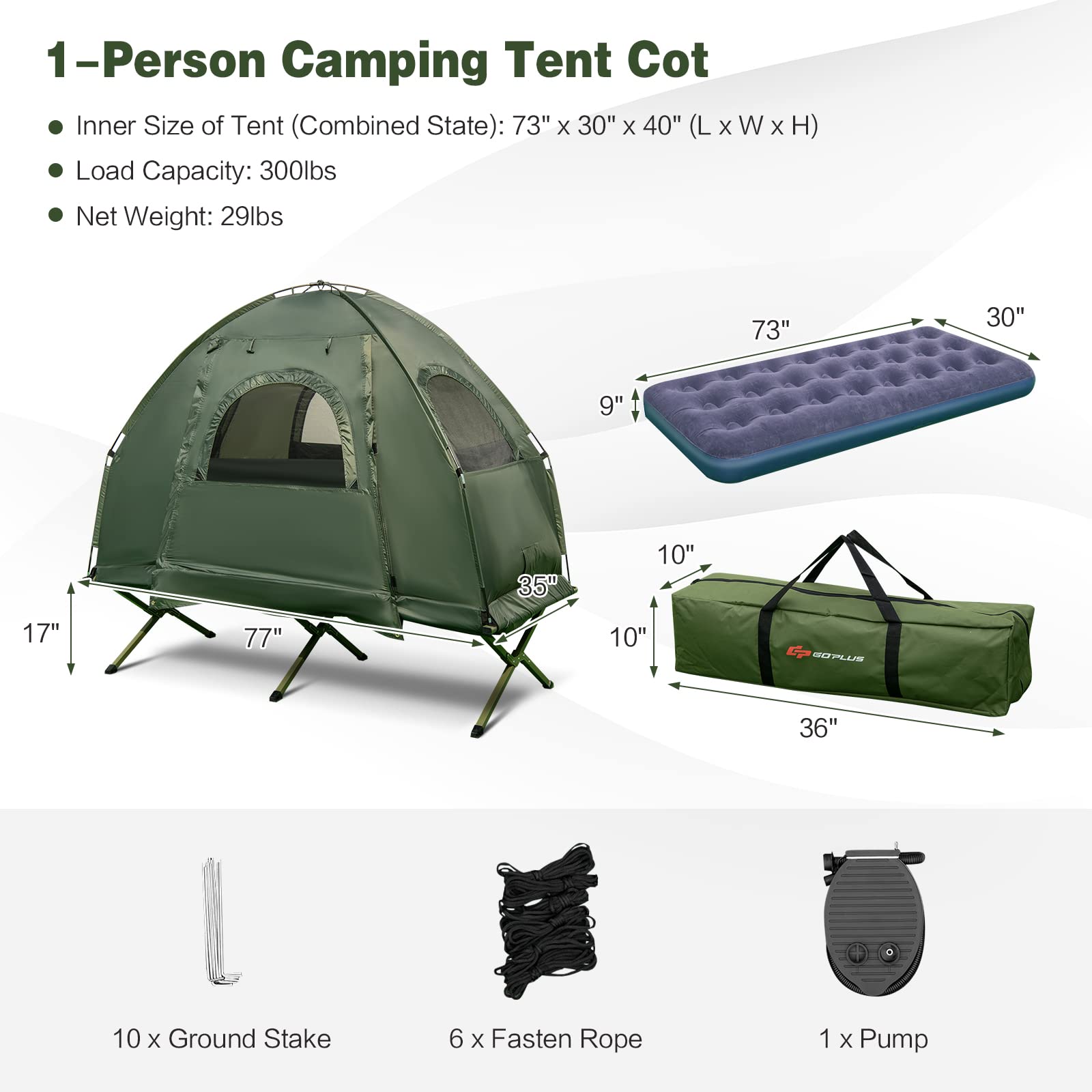 Nightcore Single Person Camping Tent with Air Mattress & Pillow - Portable Folding Cot with Metal Frame, Polyester Canopy & Sleeping Bag - Military Green (76”x31”x63”) for Outdoor Adventures, Backpacking, Hiking & Family Picnics
