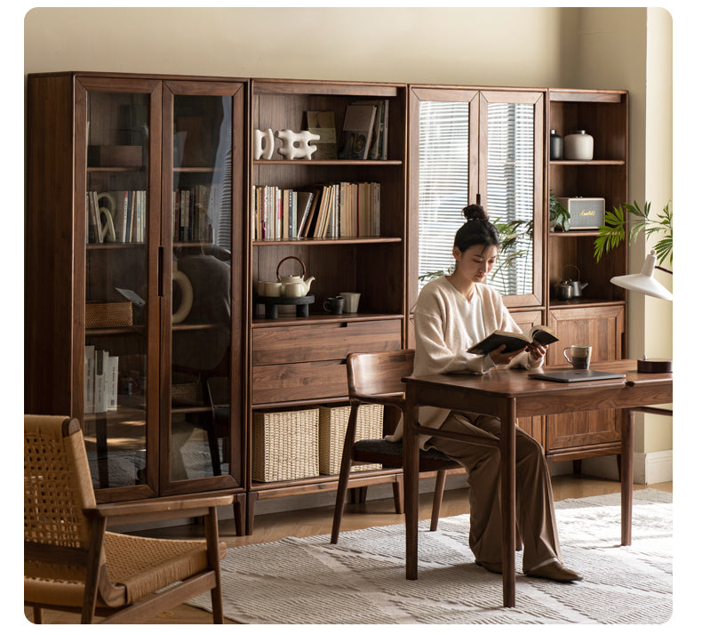 Premium Black Walnut & Ash Solid Wood Bookcase with Dust-Proof Glass Doors - Stylish Home Office & Living Room Storage Solution