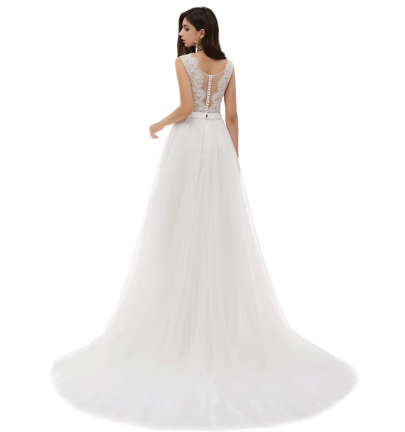 Elegant Women's V-Neck A-Line Lace Tulle Beach Wedding Dress for Bride | Boho Bridal Gown for Beach, Destination & Outdoor Ceremonies