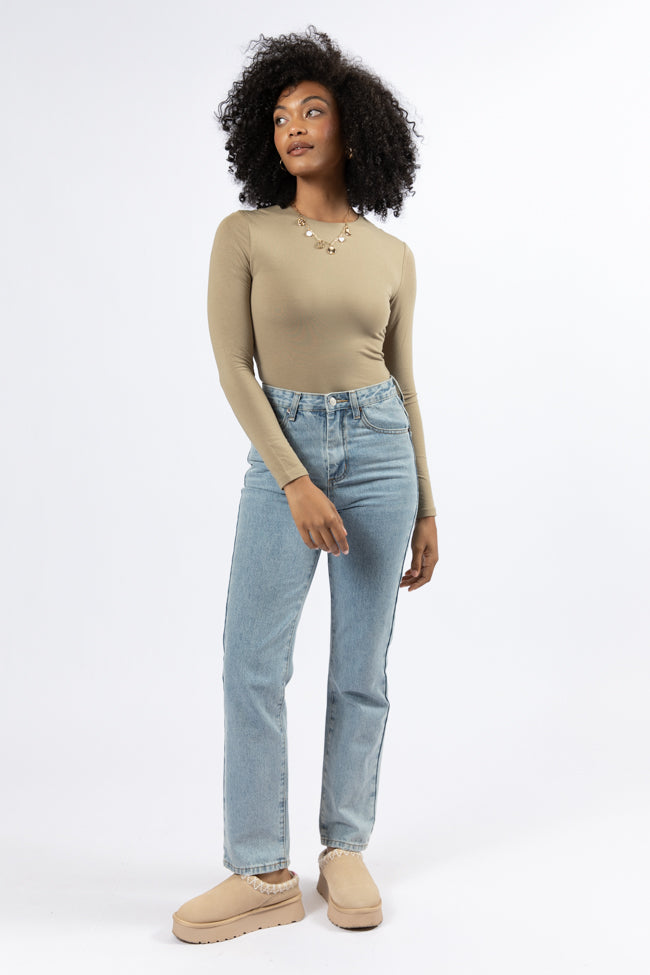 Lucky Me Olive Crew Neck Bodysuit for Women - Soft Stretchy Comfort Fit T-Shirt Bodysuit - Casual Outfits, Layering, Everyday Wear