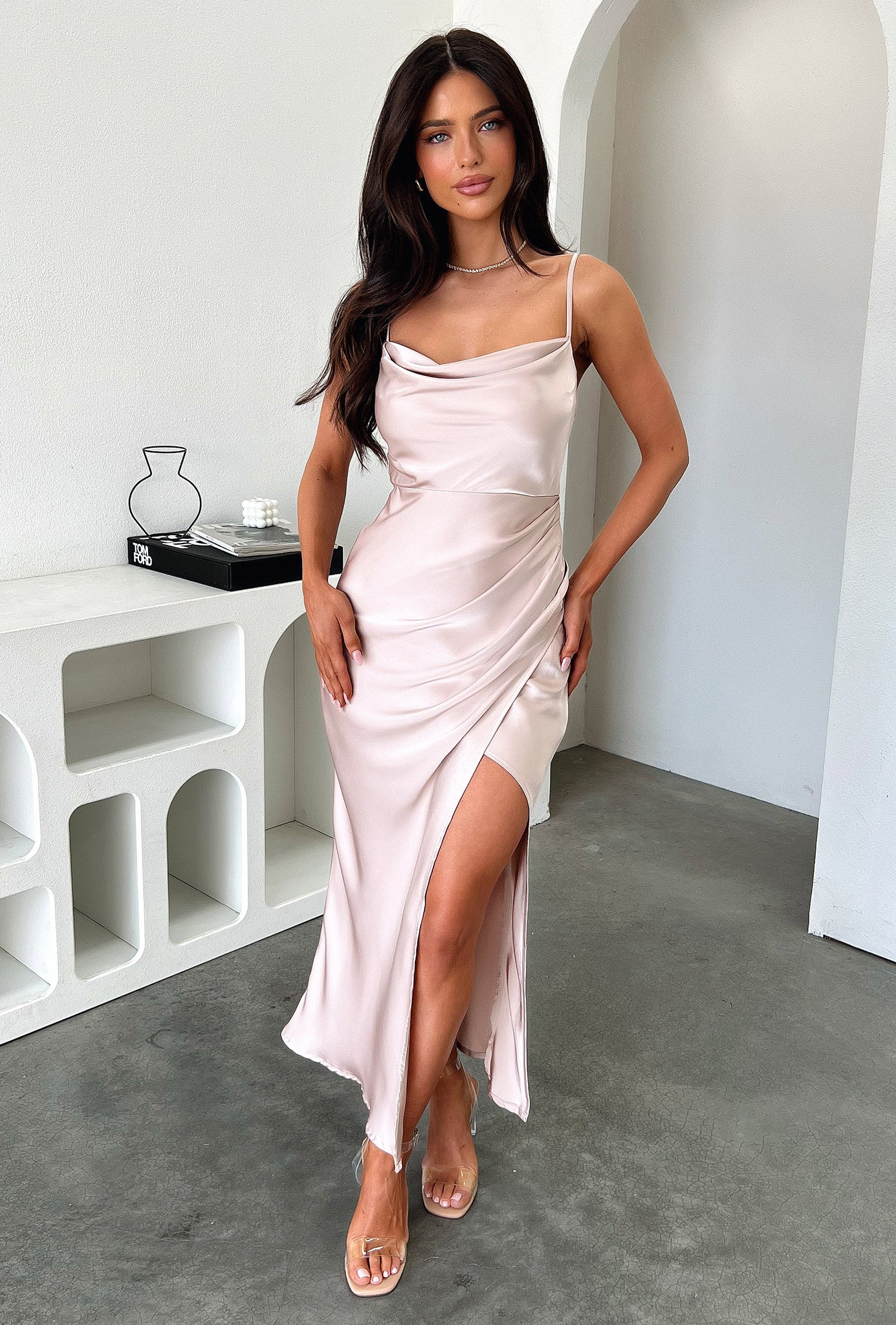 Evelyn Satin Cowl Neck Midi Dress in Champagne - Elegant Evening Gown for Weddings, Parties & Special Occasions