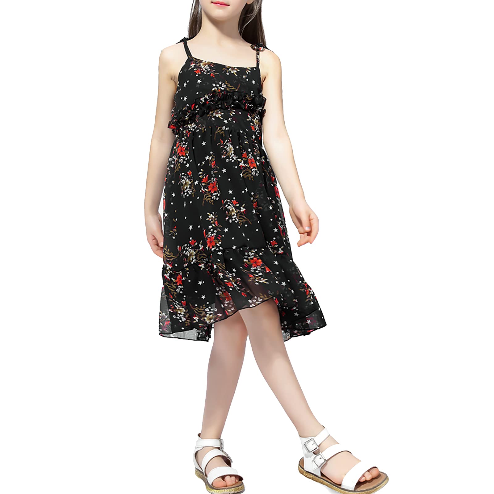 Freebily Girls Summer Floral Chiffon Dress - Spaghetti Strap Off Shoulder Bohemian Sundress with Ruffle Trim for Beach, Vacation & Outdoor Parties