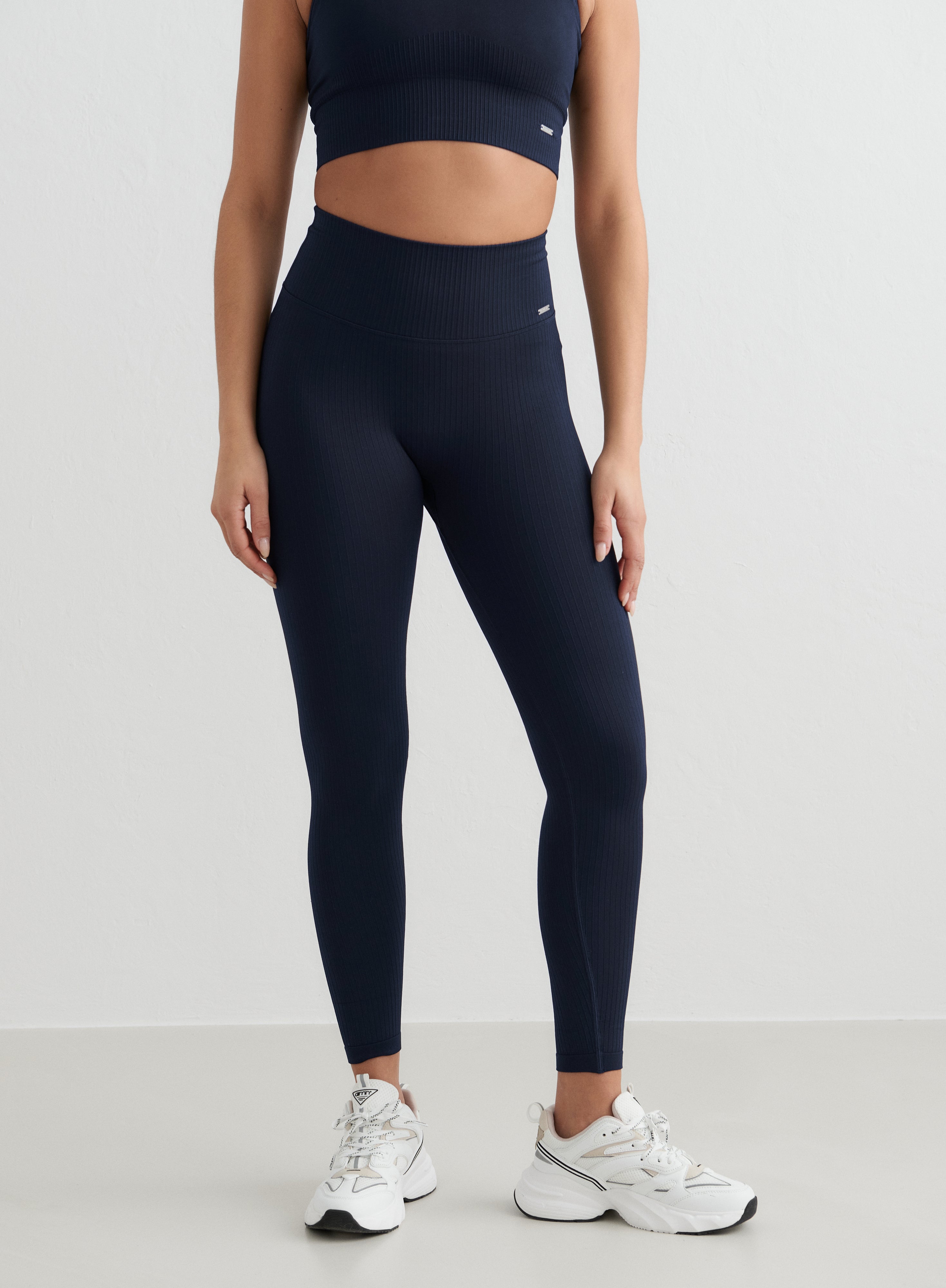 Navy Ribbed Seamless Petite Tights for Women - Comfortable Stretchy Yoga Workout Leggings - Perfect for Running, Gym, and Everyday Wear