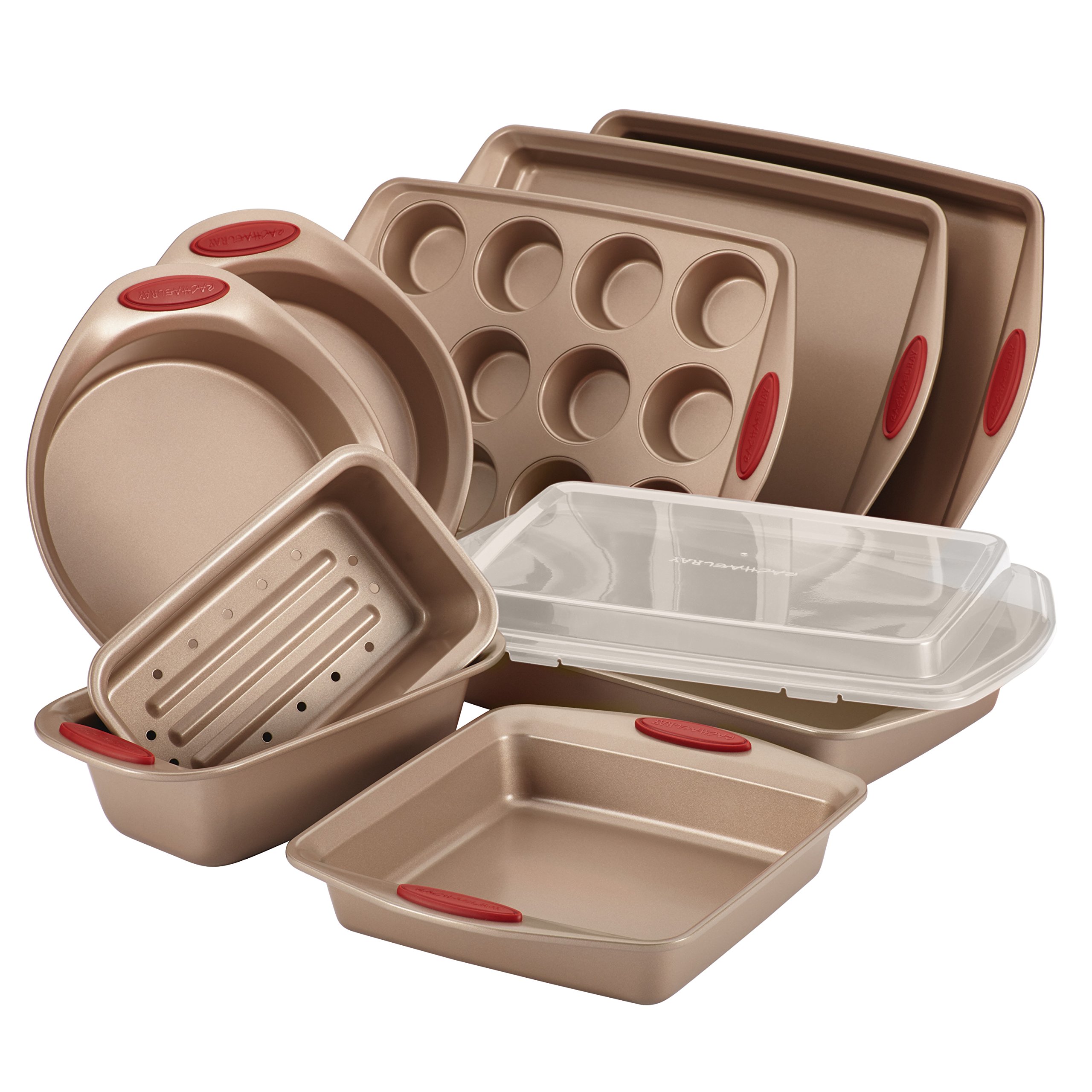 Rachael Ray Cucina Nonstick Bakeware Set - 10-Piece Cookie Sheets, Cake, Muffin & Bread Pans in Latte Brown with Cranberry Red Grips - Perfect for Baking Cookies, Cakes, Bread & Pastries at Home