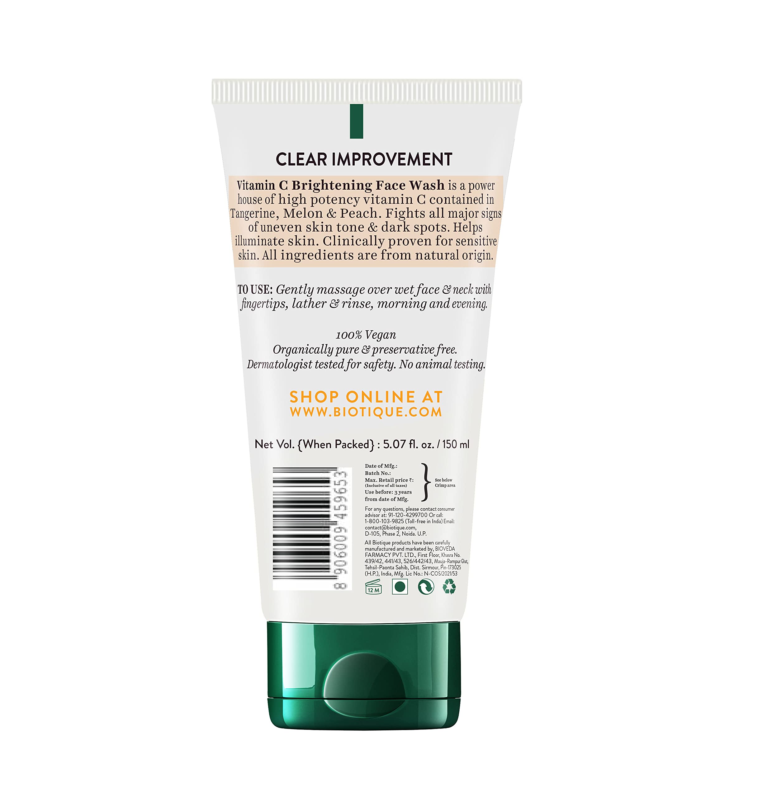 Biotique Advanced Organics Vitamin C Brightening Face Wash 150ml - Organic Skincare for Glowing Skin, Dark Spot Reduction & Daily Cleansing | Perfect for Morning & Night Routine