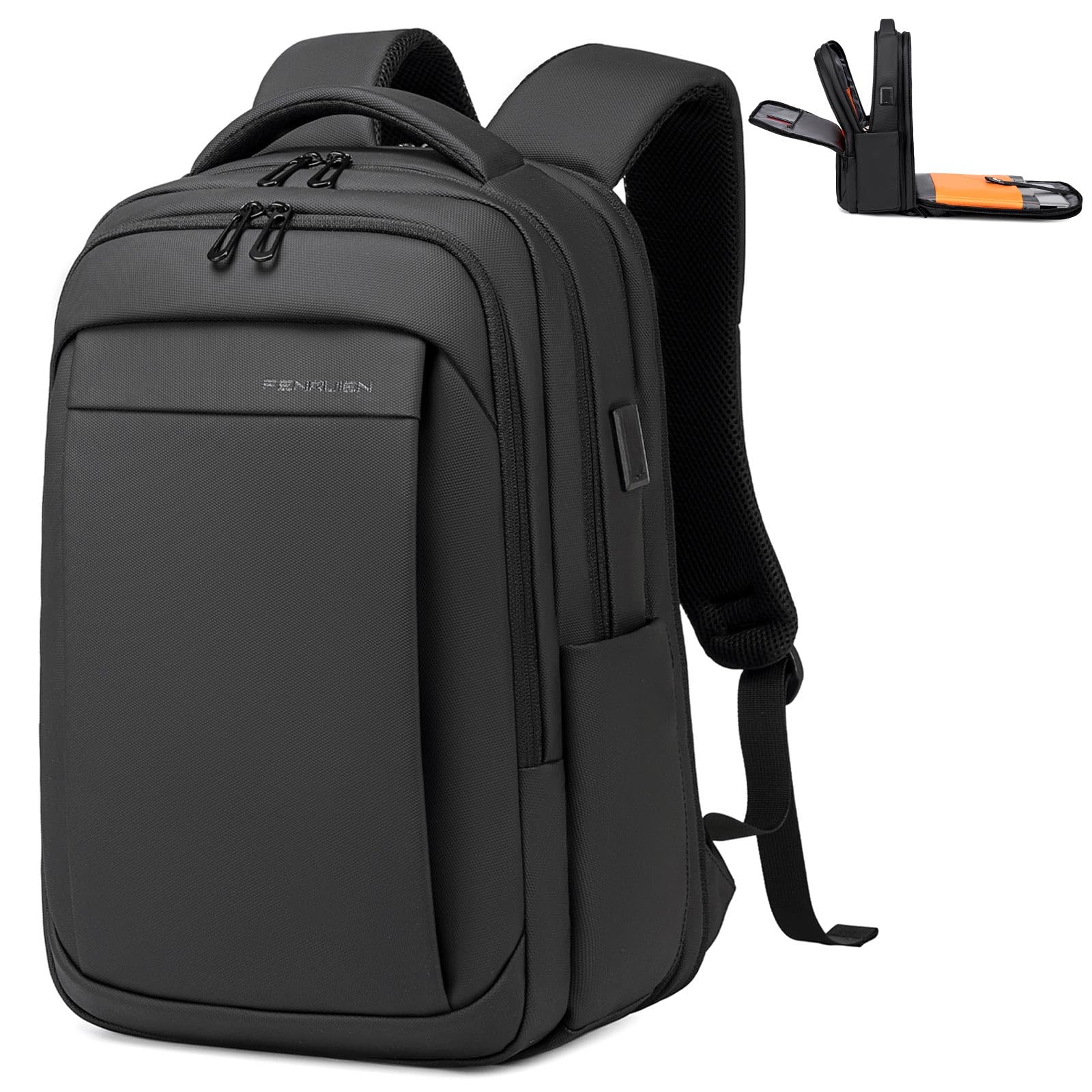 FENRUIEN Expandable Water Resistant Travel Backpack for Men - 15.6 Inch Laptop Bag with USB Charging Port - Perfect for Business Trips, Commuting & Outdoor Adventures (Black)