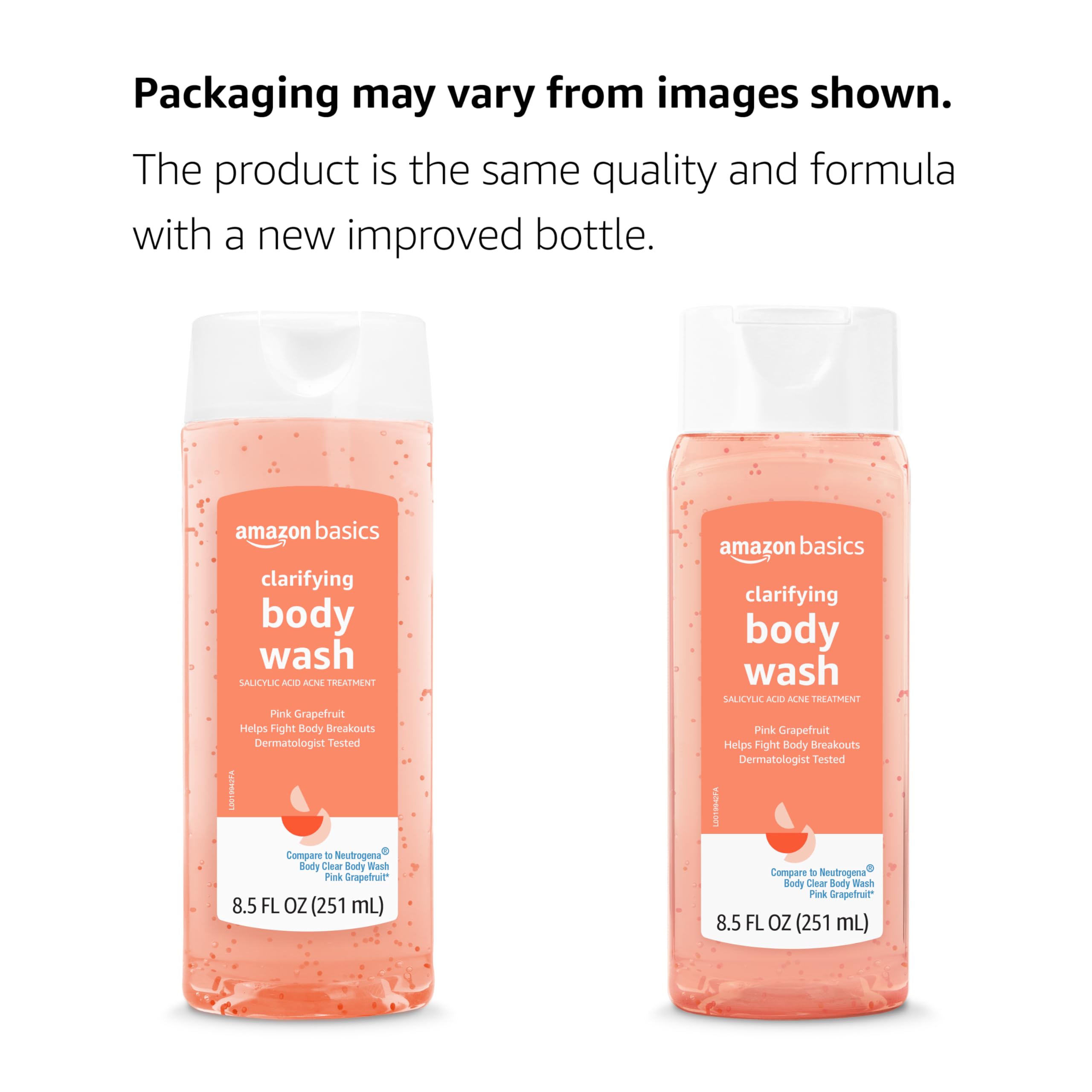 Amazon Basics Clarifying Pink Grapefruit Body Wash with 2% Salicylic Acid - Acne Treatment & Exfoliating Body Wash for Clear Skin - Dermatologist Tested, 8.5 Fl Oz (Pack of 4) - Perfect for Daily Shower & Post-Workout Skincare Routine