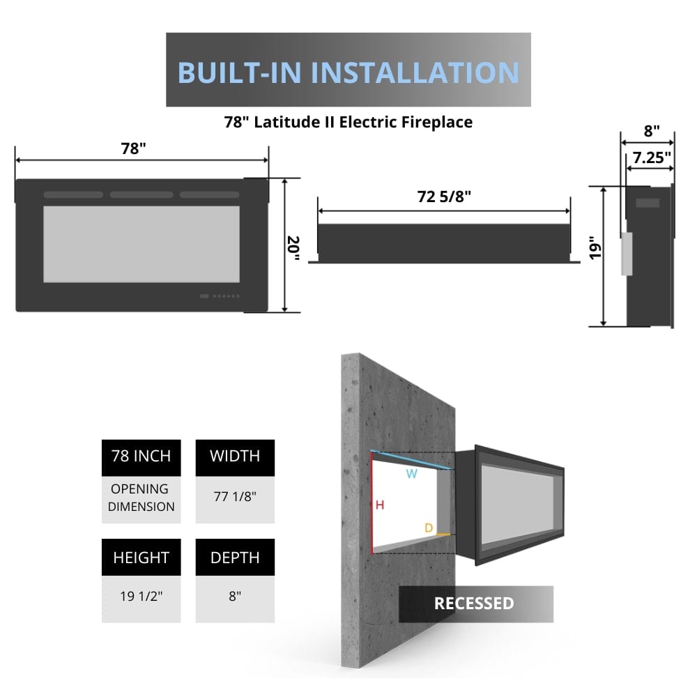 Litedeer Homes Latitude II Built-in Smart Electric Fireplace with 3-Inch Trim - Realistic LED Flame Technology for Living Room, Bedroom & Office - Energy Efficient & Remote Control Heating Solution