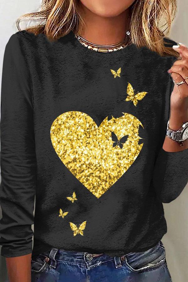 Valentine's Day Printed Round Neck Long Sleeve T-Shirt for Women - Romantic Love Heart Pattern Casual Blouse - Perfect for Date Night, Anniversary Gifts & Couple Outfits