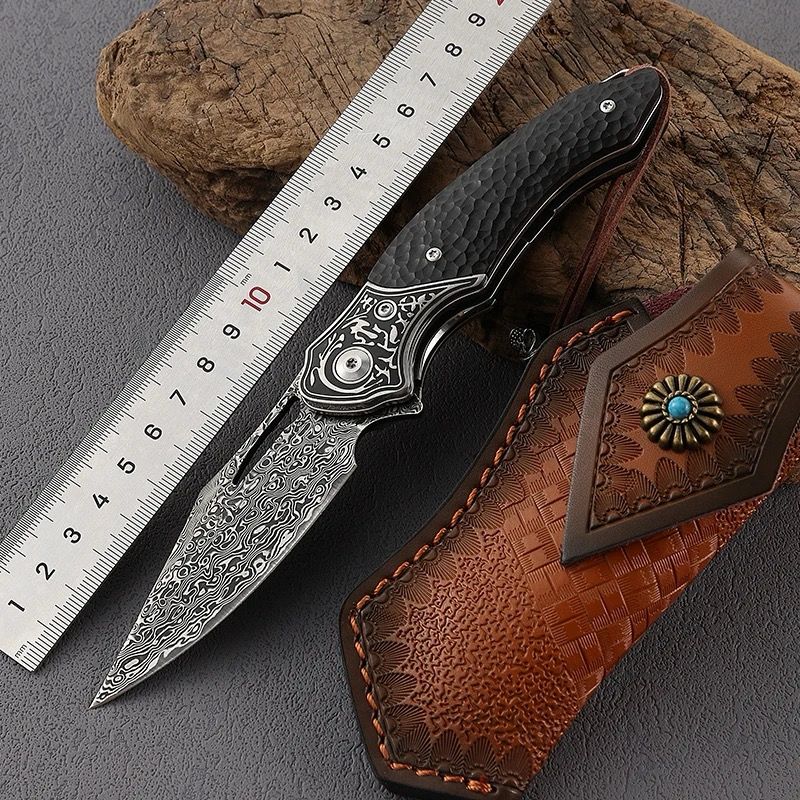 Premium Thor Damascus Steel Folding Knife with Exotic Ebony Wood Handle - Tactical EDC, Outdoor Survival, Hunting & Camping Gear