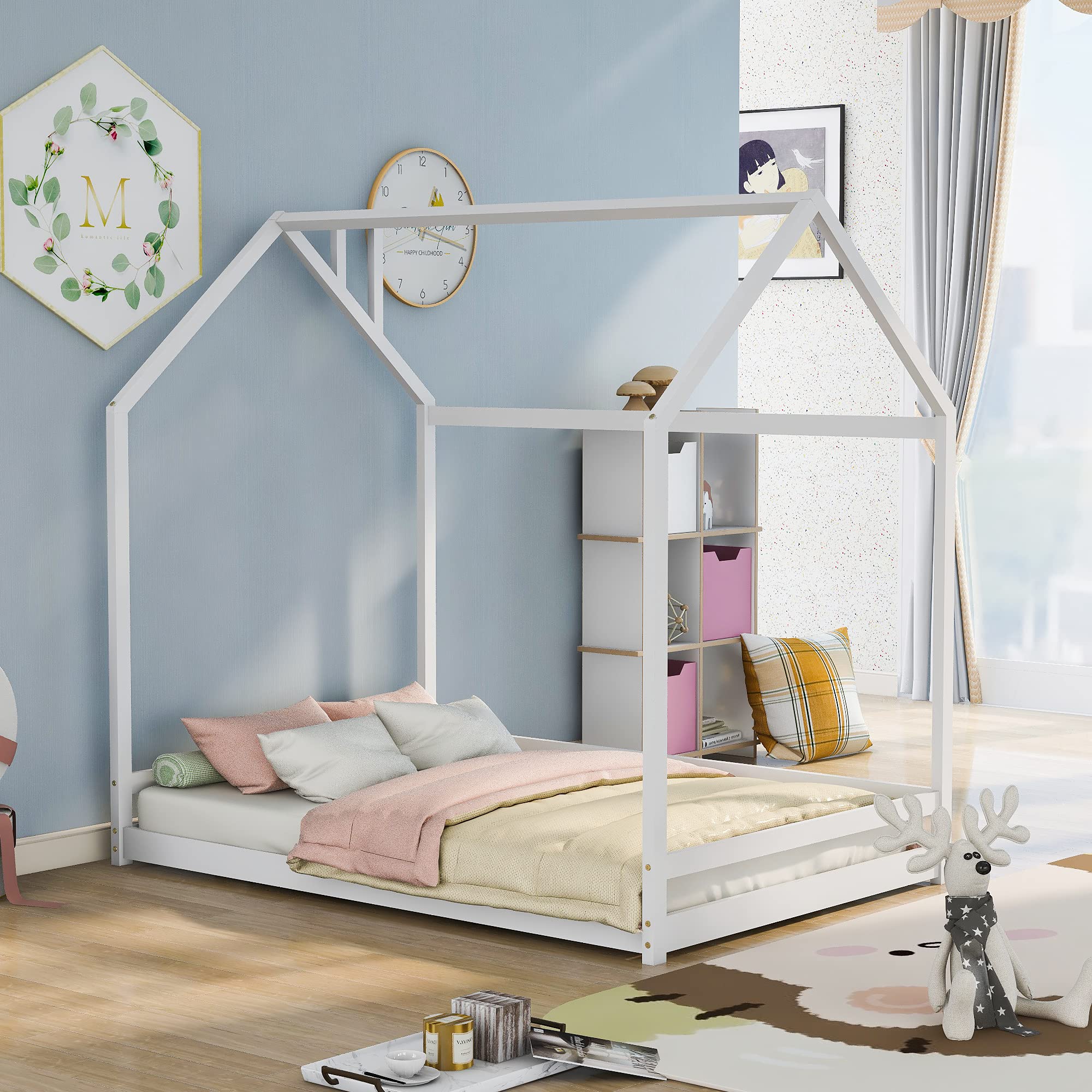 LZ LEISURE ZONE Full Size House Bed Frame - Solid Wood Platform Bed with Headboard, White - Perfect for Bedroom, Guest Room & Kids Room Furniture