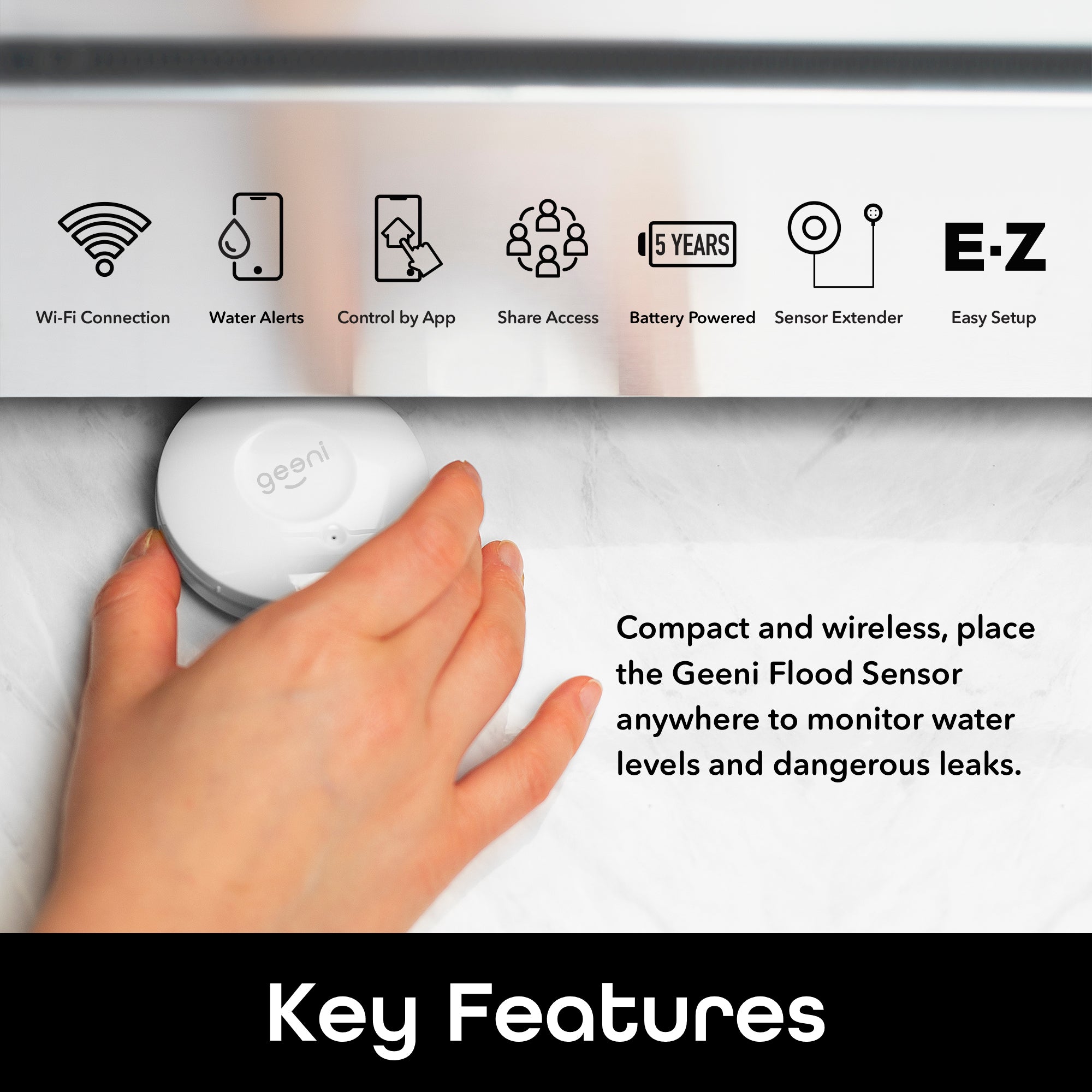 Geeni Smart Water Leak Detector with Alarm - Wireless Home Flood Alert System for Basement, Bathroom & Kitchen (Works with Alexa & Google Assistant)