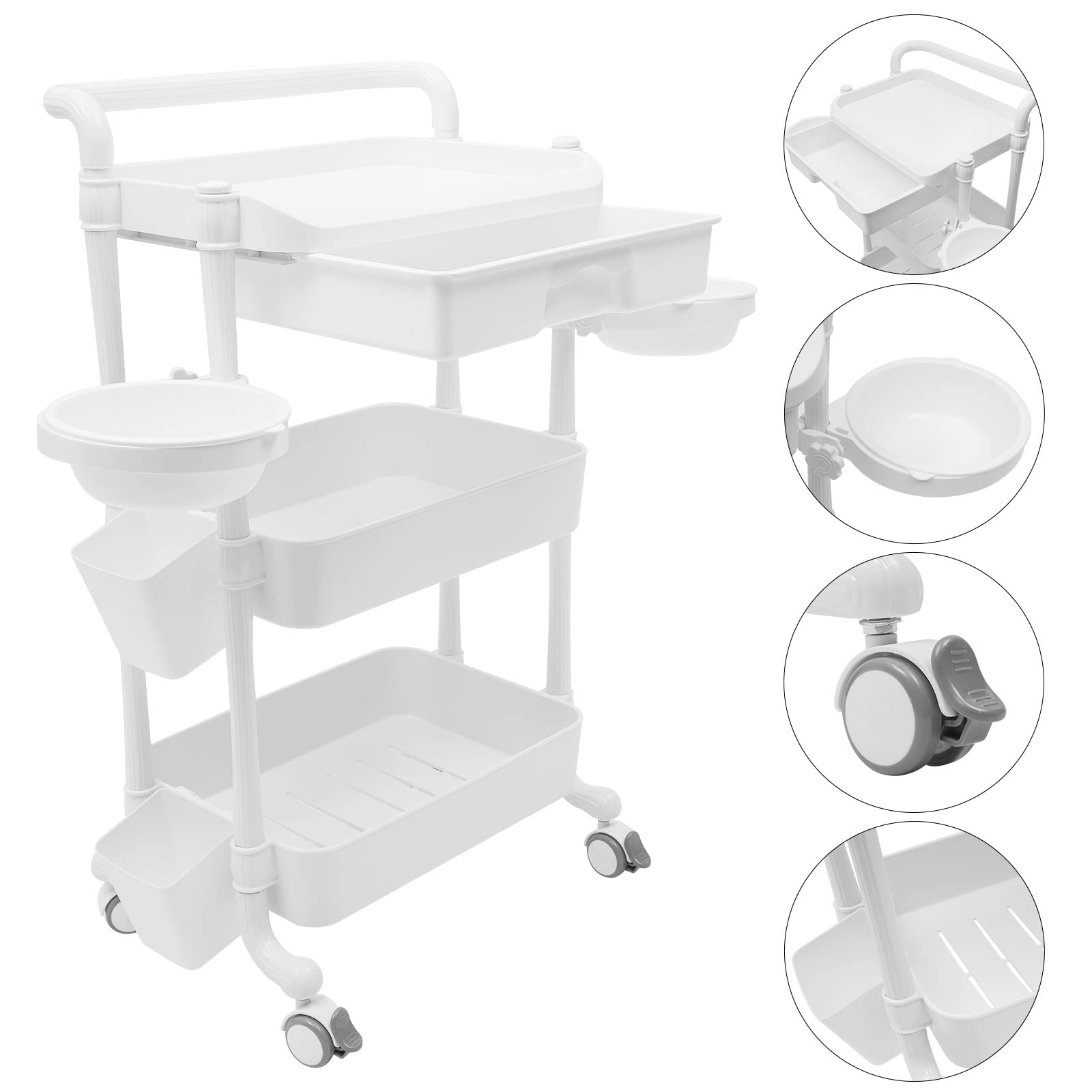 3-Tier Rolling Salon Trolley Stand - Beauty & Spa Storage Organizer with Wheels - Mobile Service Cart for Hair Salon Tools & Equipment - 330lbs Capacity - 18.9x13x33.3 Inches (White) - Perfect for Salon Styling, Spa Treatments & Professional Beauty Services
