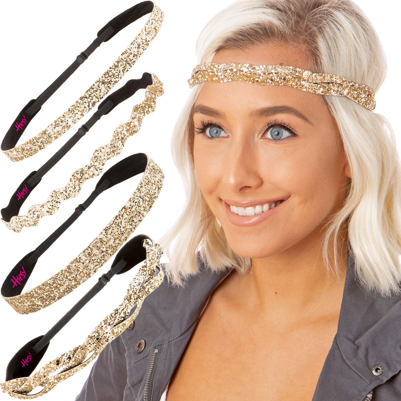 Sparkly Bling Adjustable No-Slip Headbands for Women, Girls & Teens - 4 Pack Mixed Gold Glitter Hair Accessories - Perfect for Parties, School, Sports & Everyday Wear