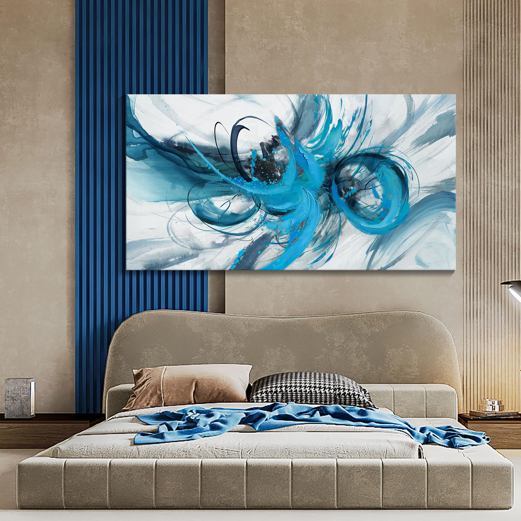 Modern Blue Abstract Canvas Wall Art - Large 29×58 Inch Painting for Living Room, Office & Bedroom Decor - Handmade Wall Decor Above Bed or Sofa - Perfect for Home & Workspace Aesthetics