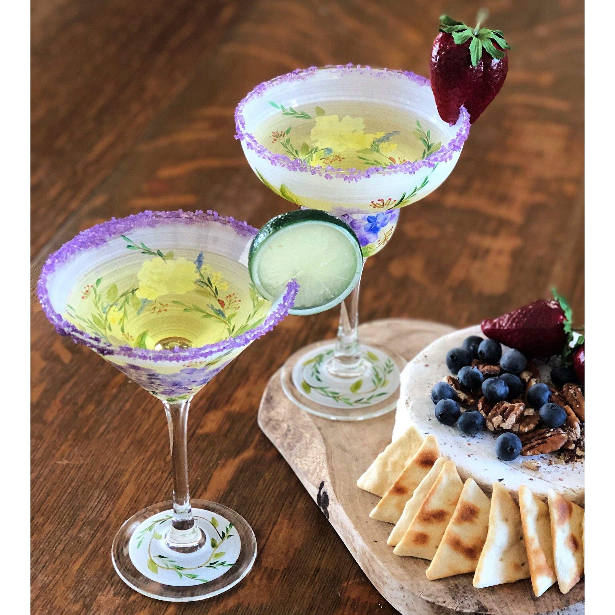 Set of 2 Hand-Painted Floral Margarita Glasses - 12oz Green & Blue Cocktail Cups for Summer Parties & Mexican Themed Decor