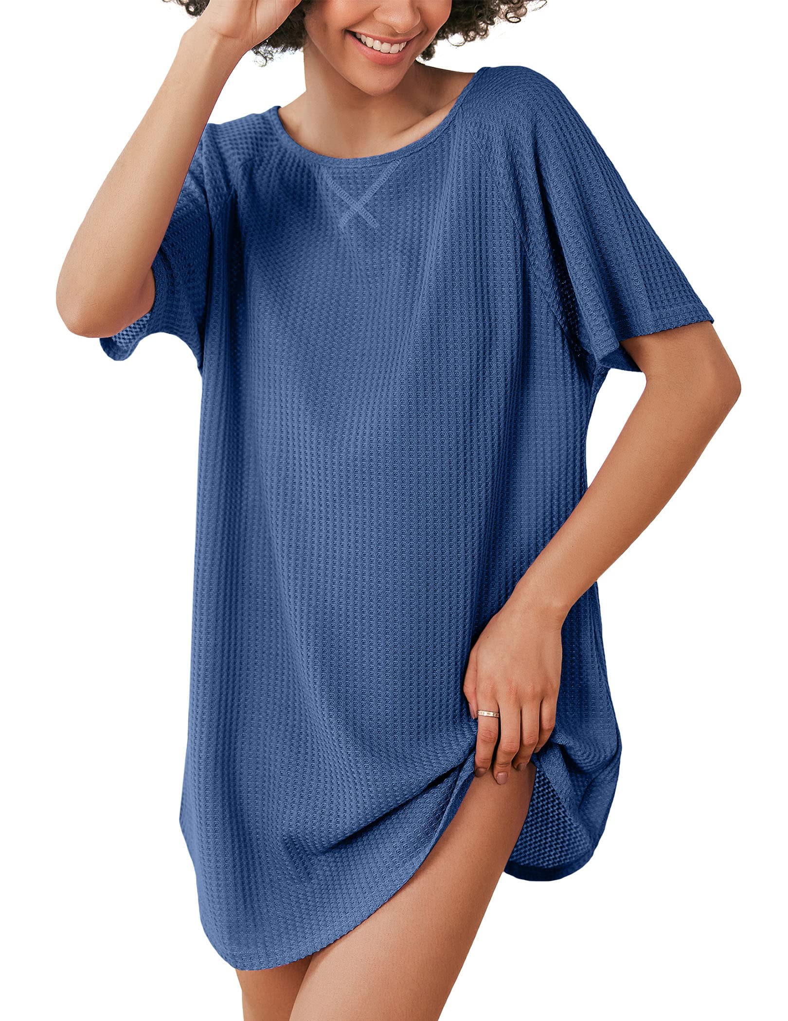 Ekouaer Women's Waffle Knit Short Sleeve Sleepshirt - Soft Casual Nightgown & Lounge T-Shirt for Sleeping, Home Wear, and Comfortable Cover Ups