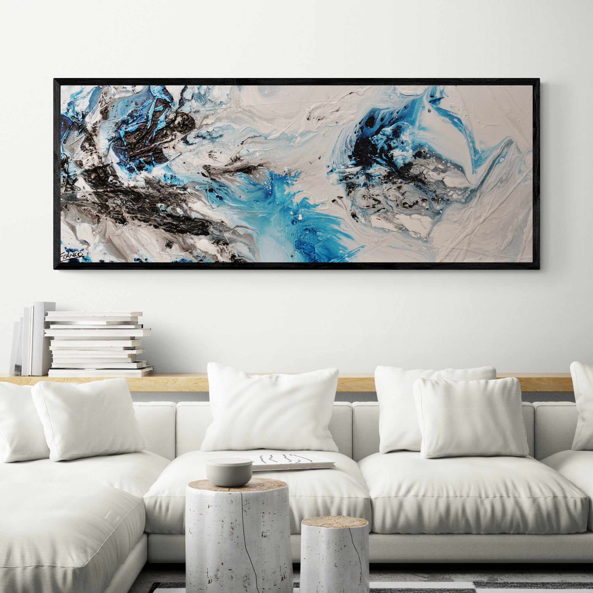 160cm x 60cm Blue and White Textured Abstract Wall Art Painting - Crushed Midnight Design for Modern Living Room & Office Decor