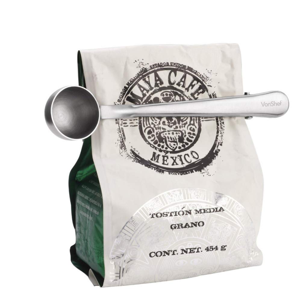 YARDWE 7g Stainless Steel Coffee Scoop with Bag Sealing Clip - Perfect Measuring Spoon for Ground Coffee & Beans | Ideal for Home Brewing, Camping & Coffee Shops