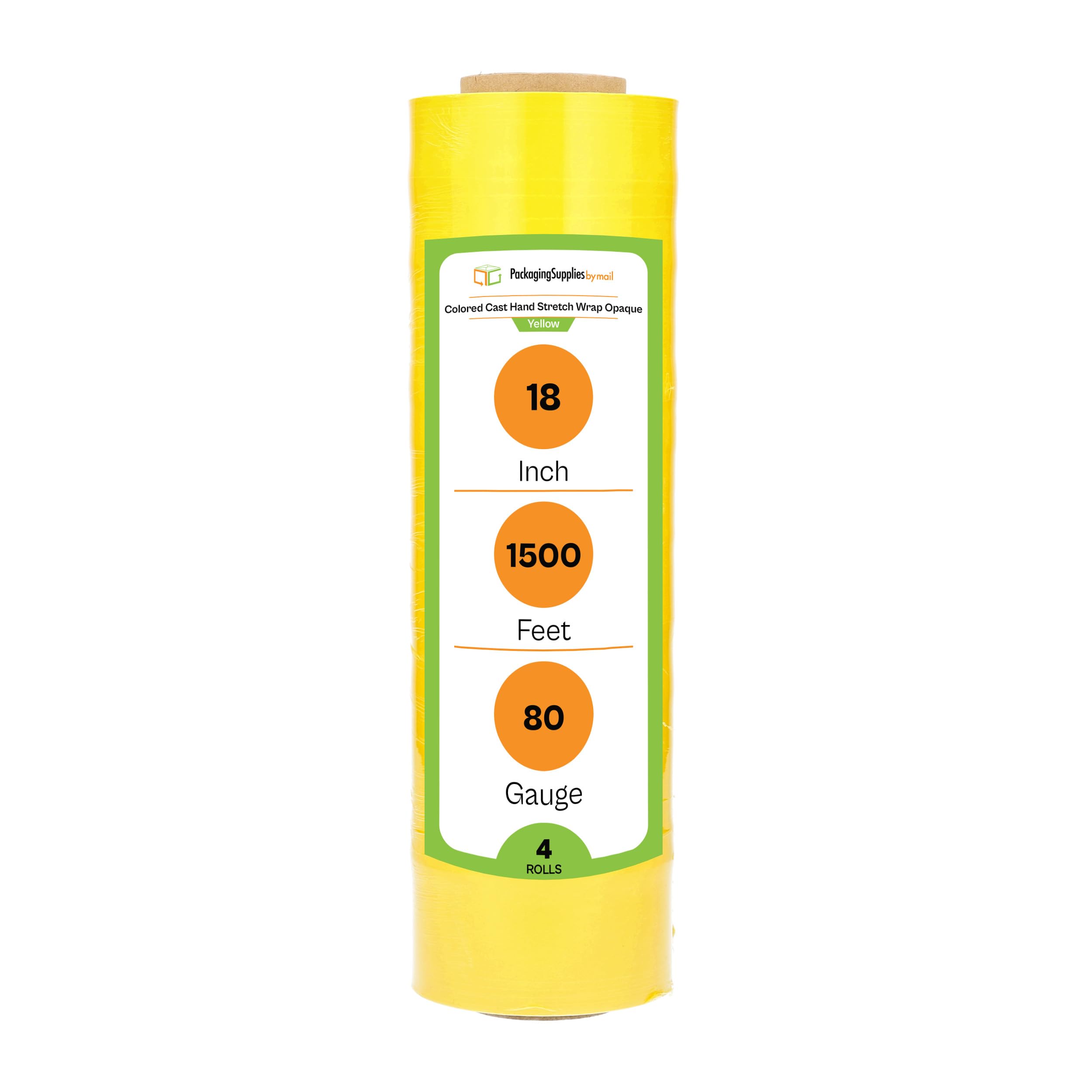 PSBM Yellow Cast Stretch Wrap - 4 Pack, 18 Inch x 1500 Feet, 80 Gauge Heavy Duty Opaque Hand Stretch Film for Moving, Packing, Shipping & Pallet Wrapping - Secure Storage & Transportation
