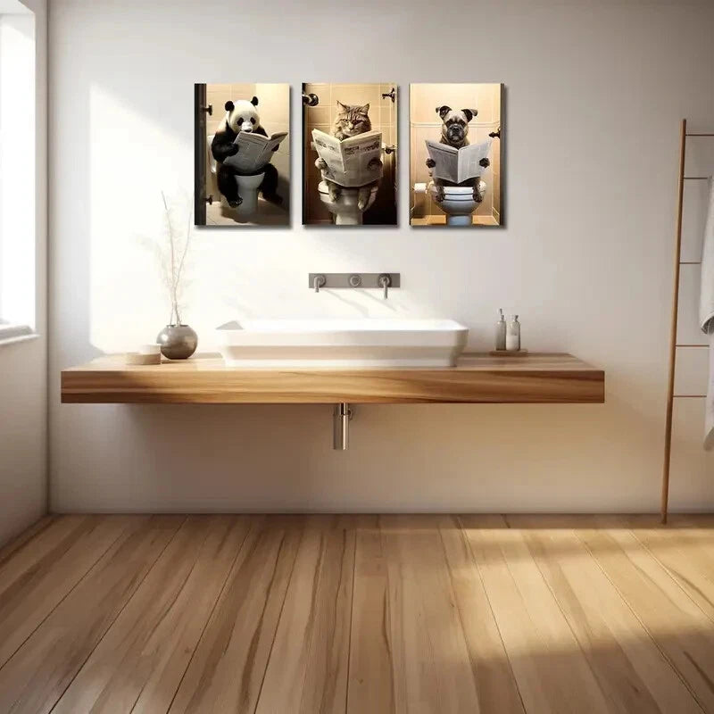 3-Piece Metal Wall Art Set - Cute Panda, Dog & Cat Sitting on Toilet - Ready to Hang Home Decor for Bathroom, Living Room & Office