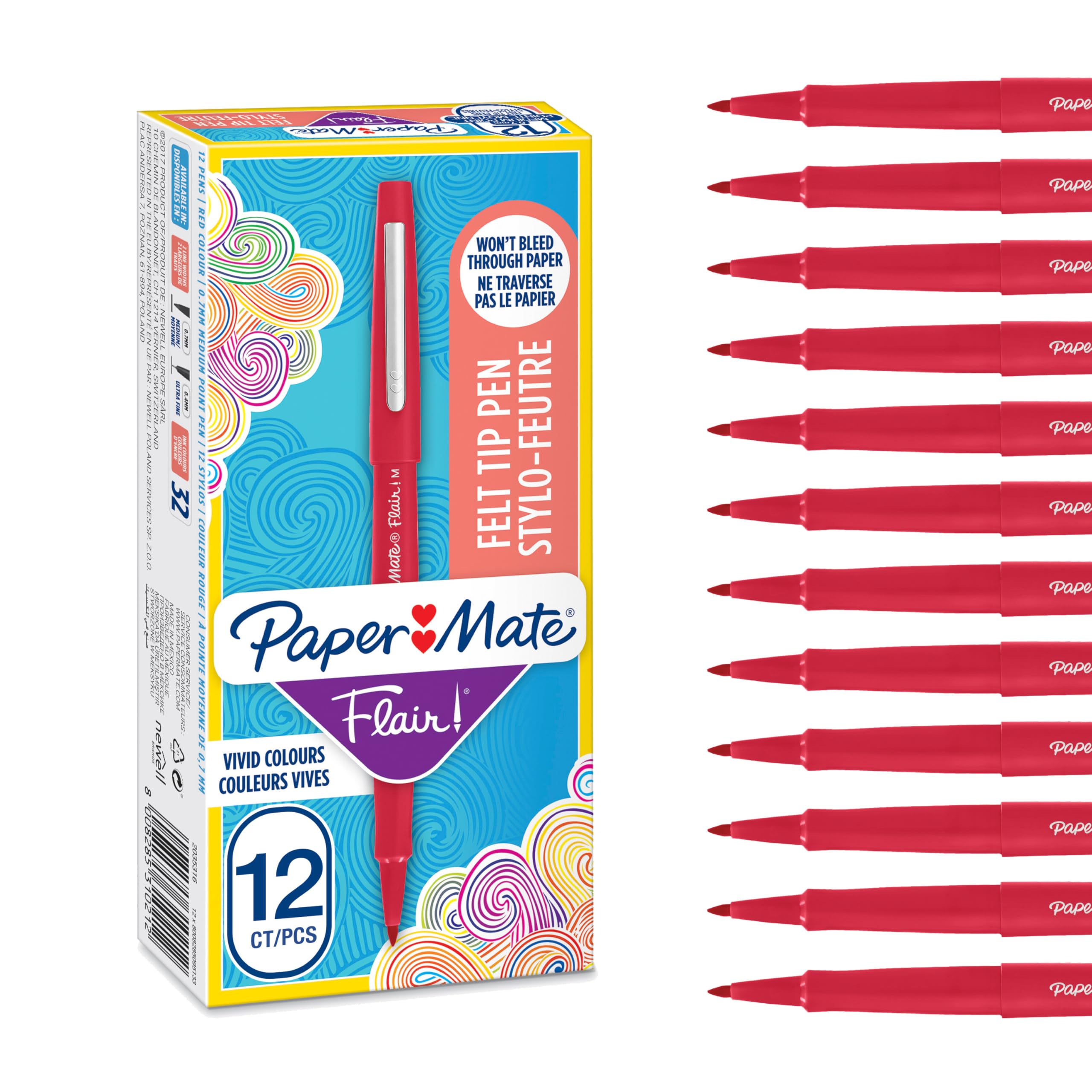 Paper Mate Flair Pens 12-Pack - 0.7mm Medium Tip Markers for Office & School