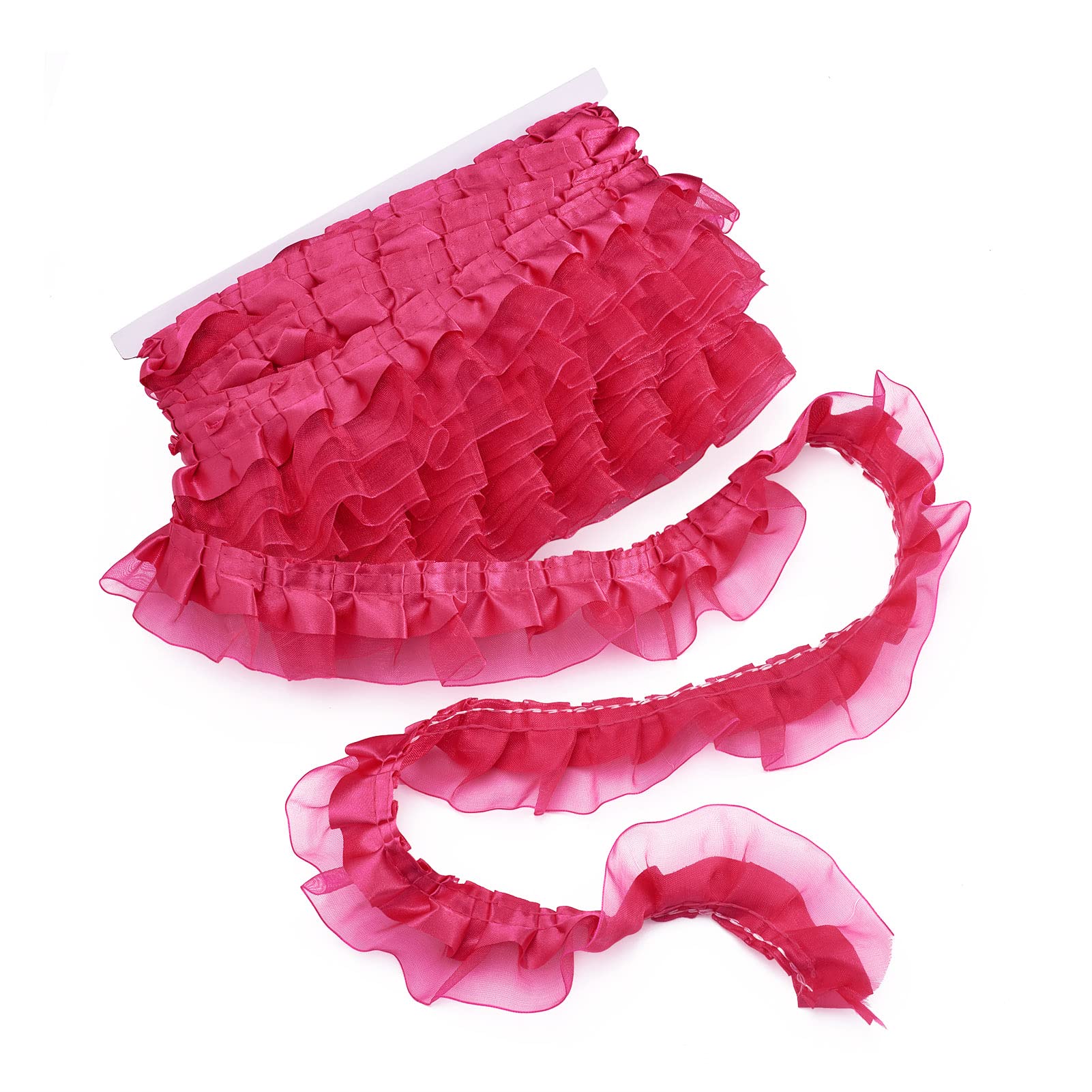 Pandahall 21.8 Yards Deep Pink Satin Organza Lace Trim - 2-Layer Gathered Ruffle Chiffon Ribbon, 1-5/8 Inch Pleated Edging for Sewing, Embroidery & Fabric Applique - Perfect for Wedding Decor, Party Dress Trims & DIY Craft Projects