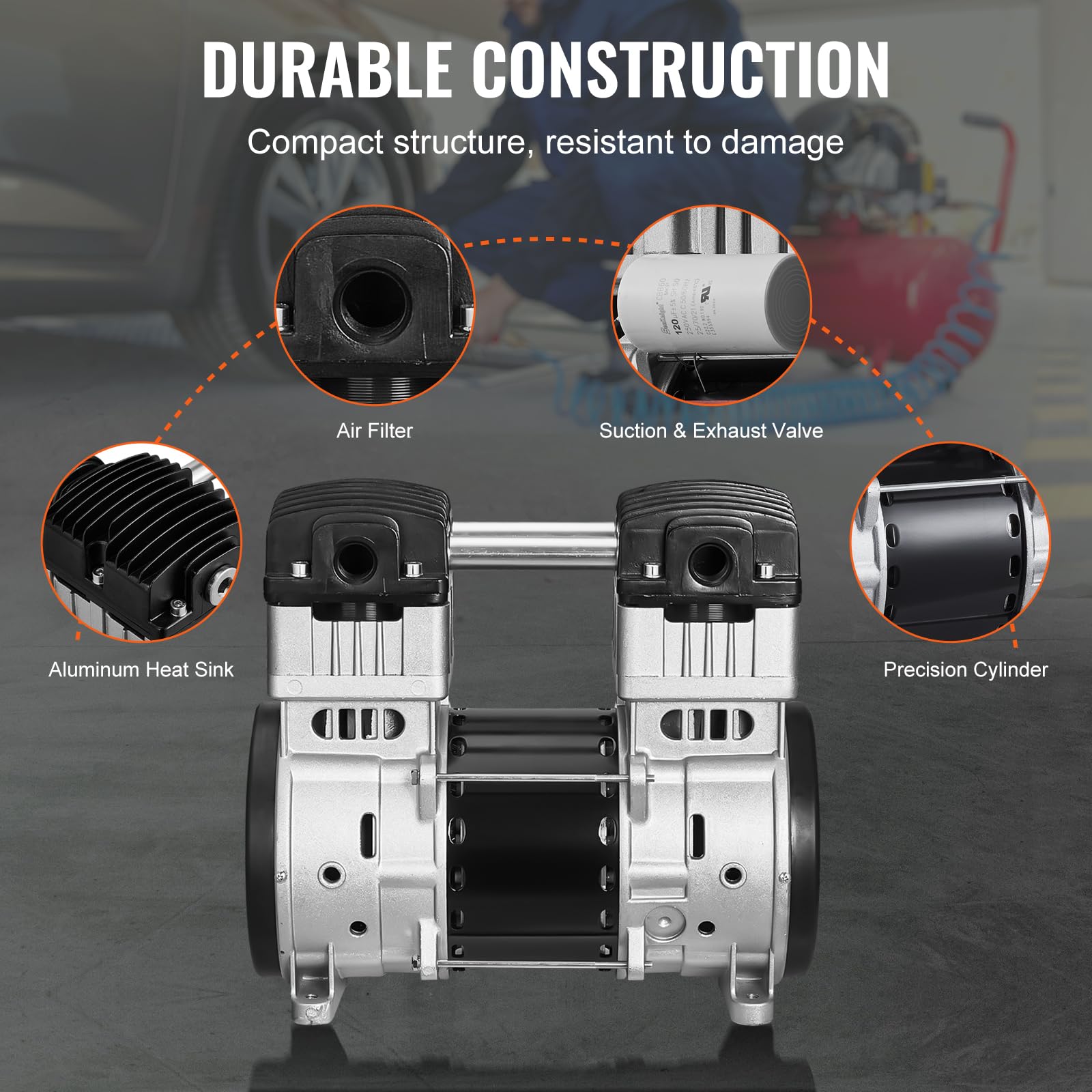 VEVOR 2HP Oil-Free Air Compressor Pump - 5.2CFM @ 90PSI, Max 145PSI Pressure, 78dB Ultra Quiet Motor for Auto Repair, Tire Inflation, Spray Painting & Woodworking | Portable Air Compressor for Garage, DIY Projects & Home Use