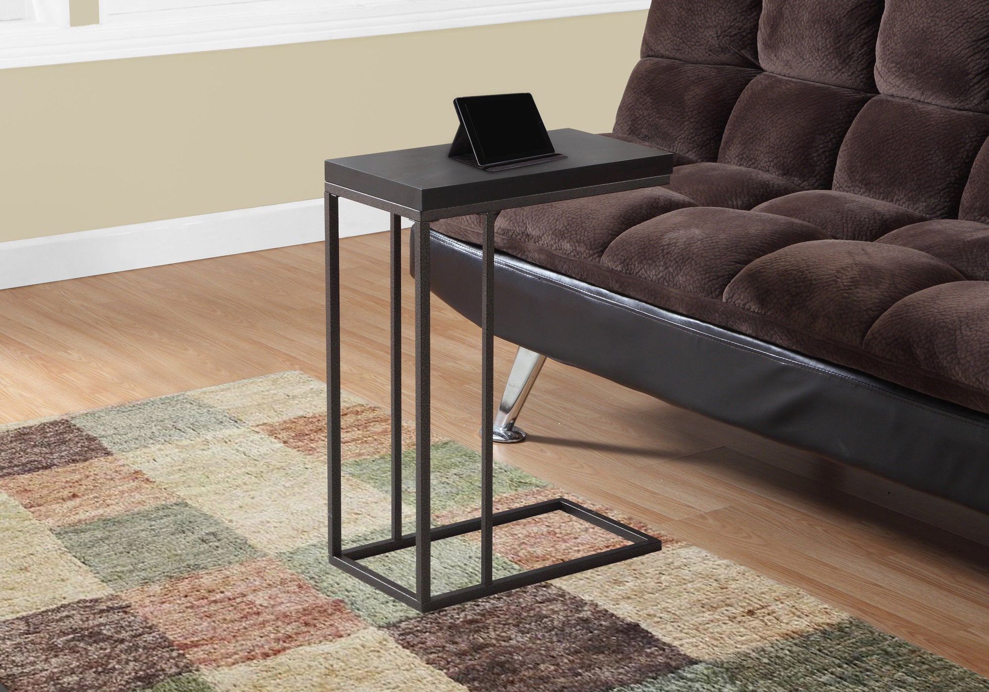 Modern Accent Table with Cappuccino Finish & Bronze Metal Base - Stylish Side Table for Living Room, Bedroom, or Office Decor
