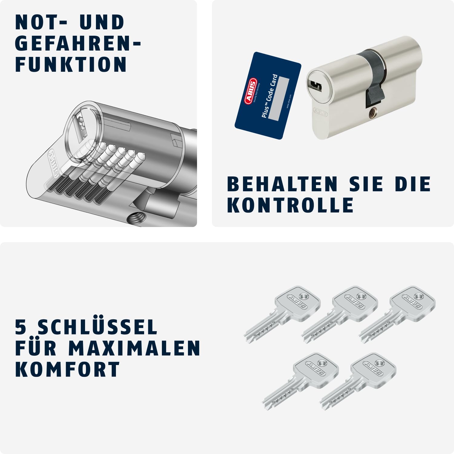 ABUS Profile Cylinder D6XNP 40/55 - High Security Double Cylinder Door Lock with 5 Keys & Code Card - Emergency & Danger Function for Front Doors, Apartment Doors & Commercial Security