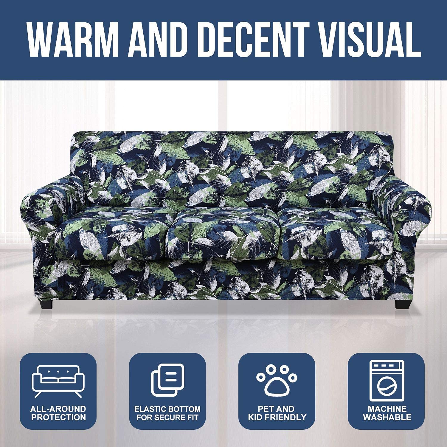 Hyha Printed Stretch Sofa Covers Set - 3 Cushion Couch Cover (72-96 Inches) & Loveseat Cover (58-72 Inches) - Leaf Pattern - Soft Spandex Fabric - Perfect for Living Room, Apartment Decor and Furniture Protection