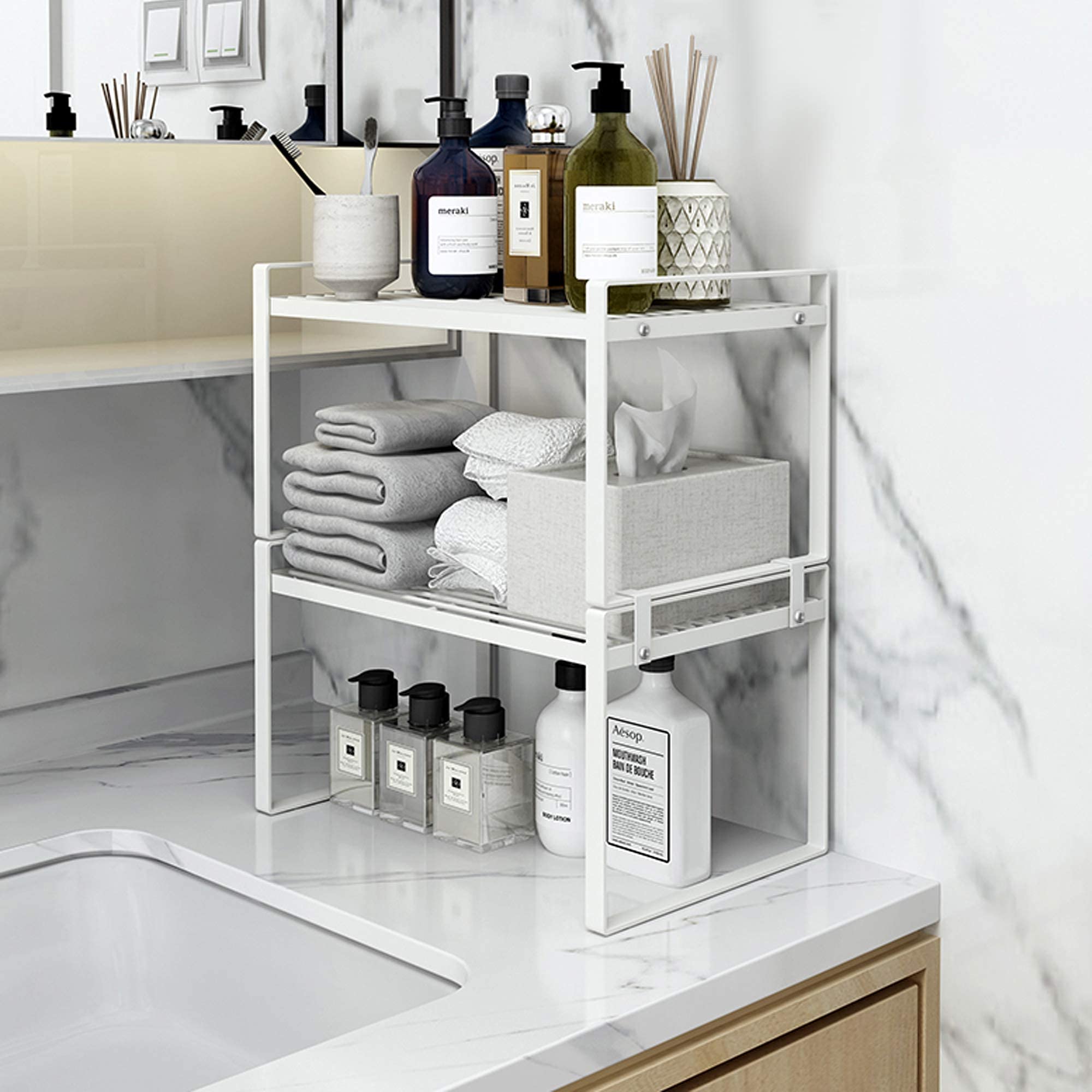 2 Pack Stackable Steel Frame Shelf Organizer - Rust Resistant & Non-Slip White Storage Rack for Kitchen Cabinet, Pantry, Bathroom, Bedroom & Office | Space Saving Counter & Desk Organizer for Home & Office Use