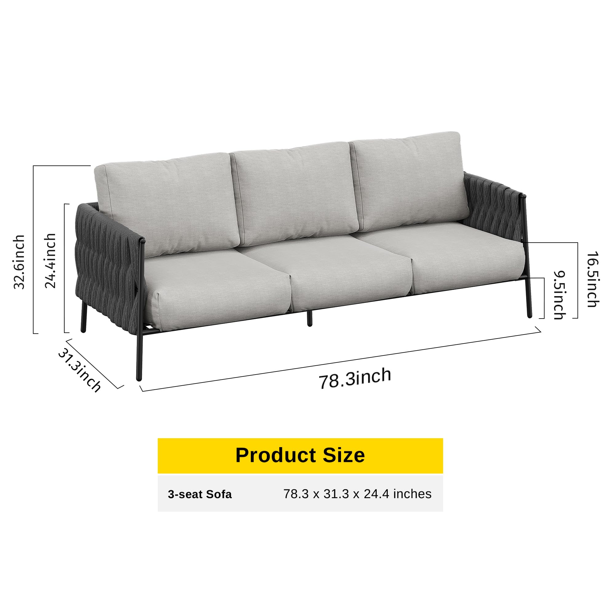 EAST OAK Life Chatter 3-Seater Outdoor Sofa Set with Waterproof Thick Cushions - Modern Patio Furniture for Garden, Porch, Backyard - Earth Black & Misty Grey - Perfect for Lounging, Entertaining, and Relaxing Outdoors