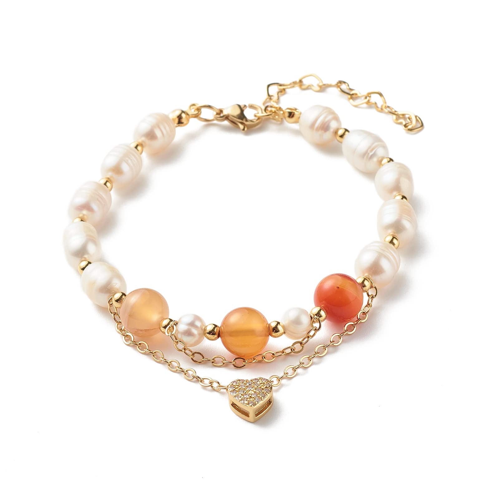 1PC Natural Pearl & Carnelian Multi-Strand Friendship Bracelet Set with Heart Pendant for Women & Girls - Adjustable Lobster Clasp - Perfect for Gifts, Parties & Everyday Wear