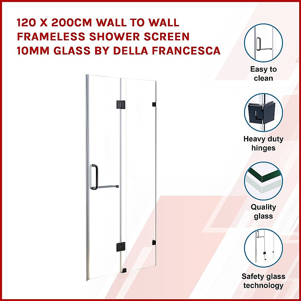 10mm Frameless Shower Screen 120x200cm - Wall to Wall Bathroom Glass Enclosure by Della Francesca | Perfect for Modern Walk-in Showers and Spa Bathrooms