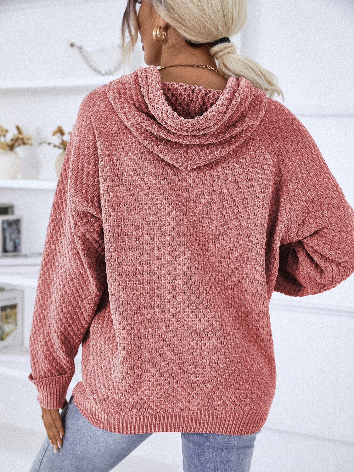 Cozy Textured Drawstring Long Sleeve Hooded Sweater for Women | Fall Winter Pullover | Casual Loungewear & Streetwear Fashion