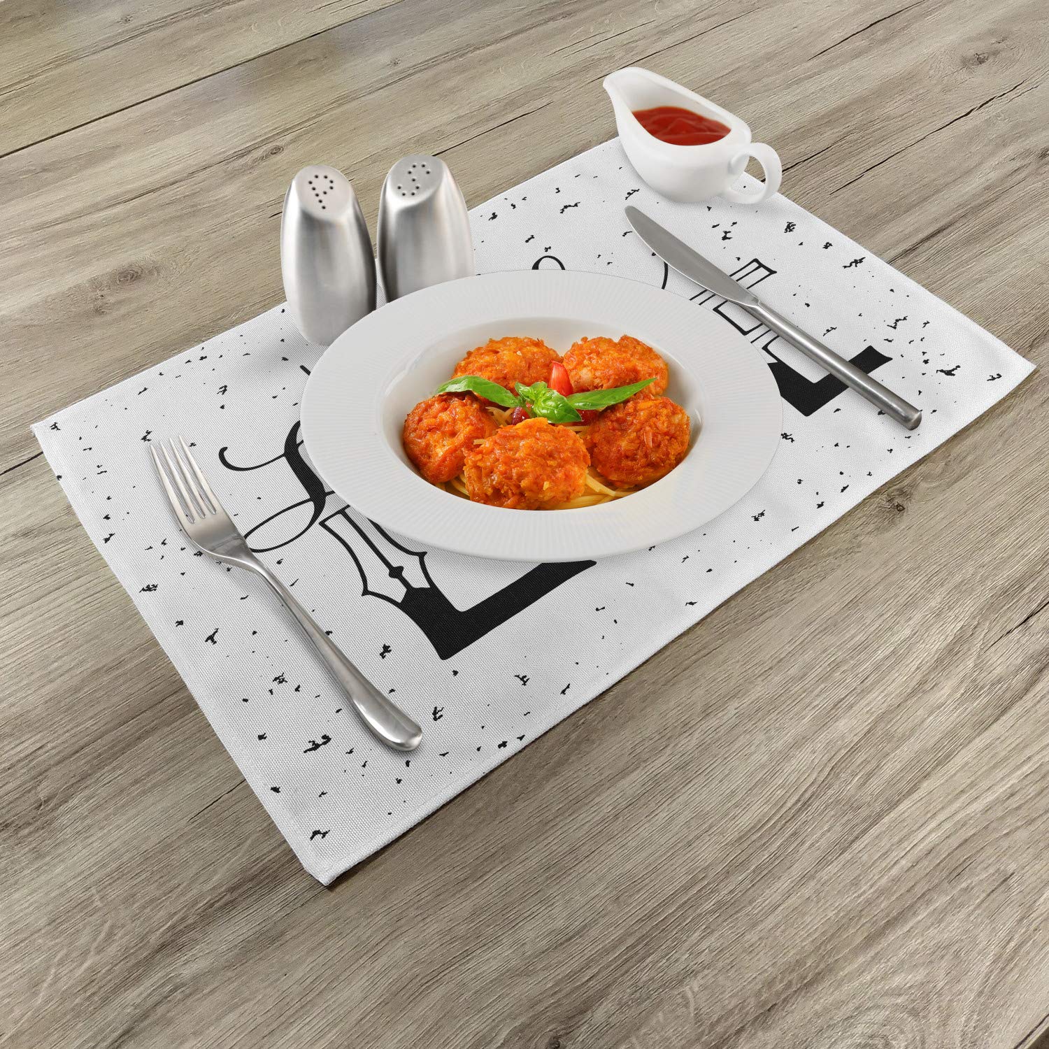 Ambesonne Live Laugh Love Place Mats Set of 4 - Hand Drawn Typographic Design Washable Fabric Placemats for Dining Table & Kitchen Decor (Black & White) - Perfect for Family Dinners, Parties & Home Decor